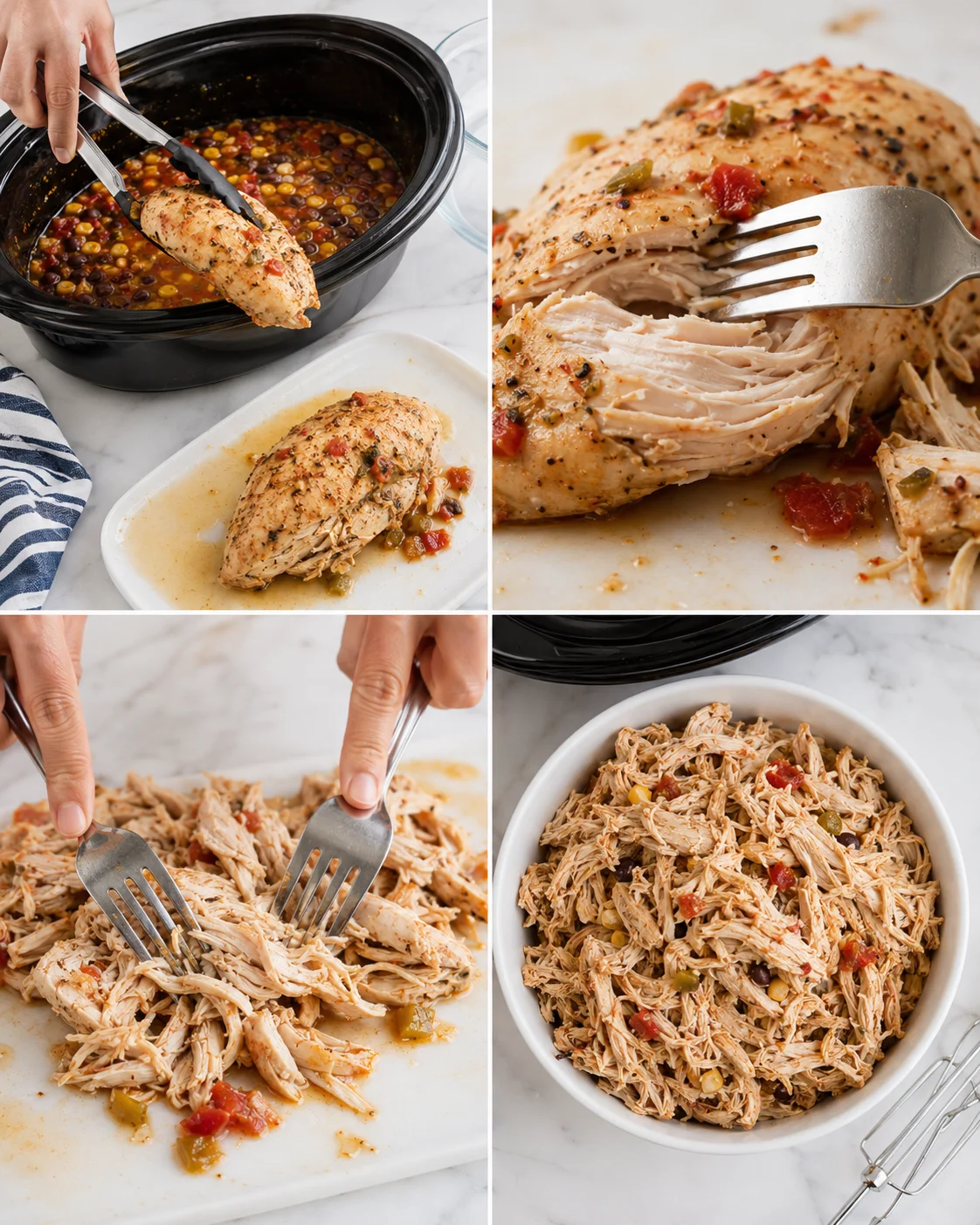 Collage showing slow-cooker pulled chicken being shredded and plated with colorful sauce.