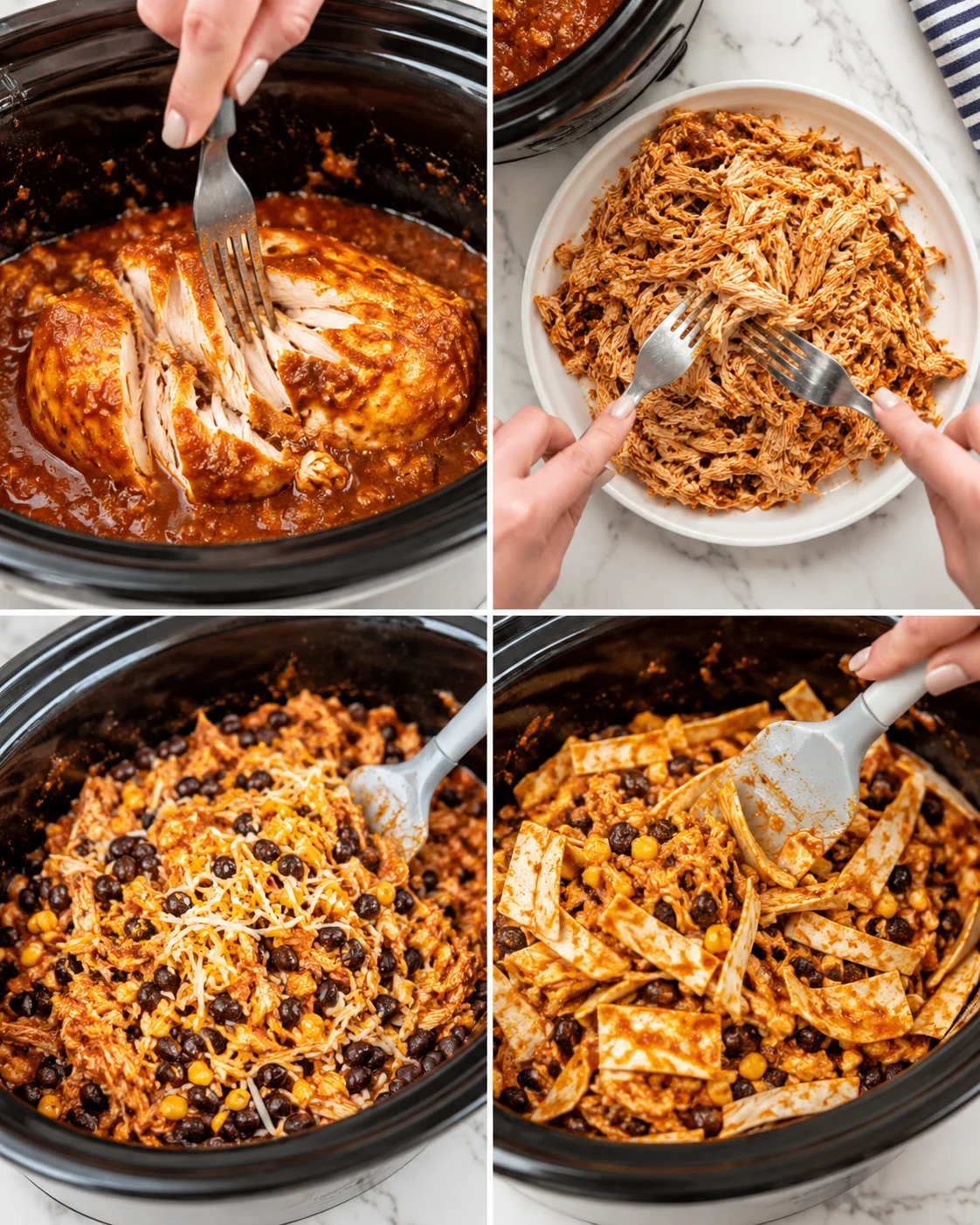 four-panel collage showing slow cooker chicken in sauce, shredded chicken, beans and corn mixture, and tortilla strips mixed in together.
