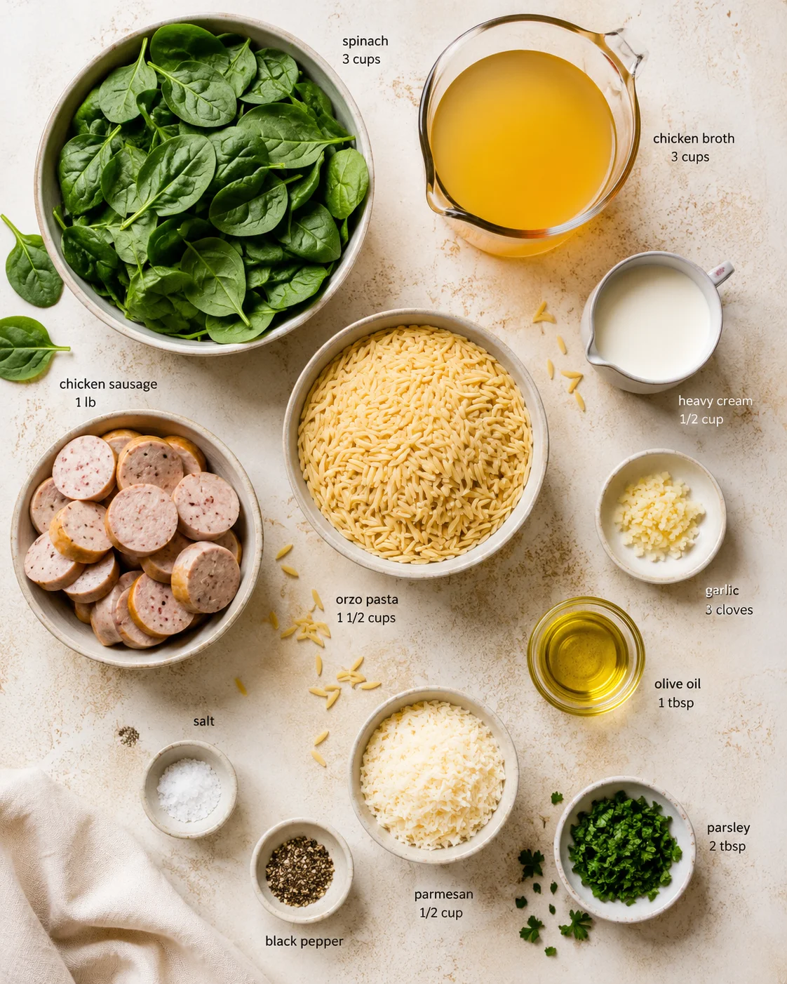 overhead view of spinach, sausage, orzo, and other labeled ingredients on a neutral countertop.