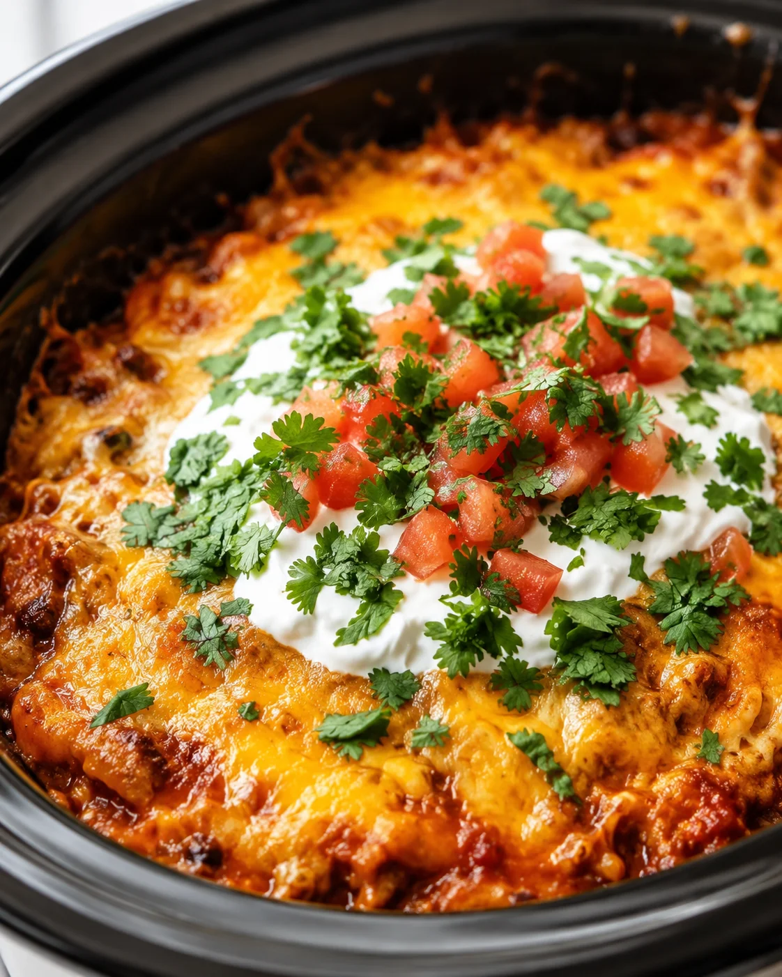 creamy cheesy casserole in a black pot topped with sour cream, diced tomatoes, and cilantro