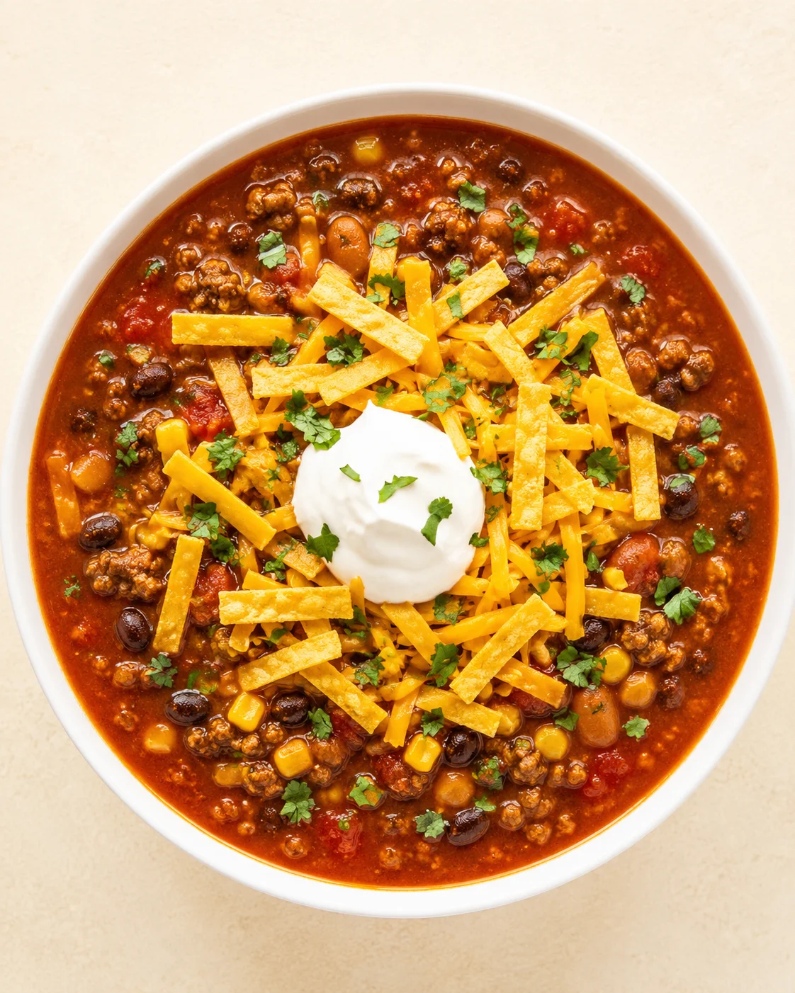 Top-down view of a white bowl of chili topped with sour cream and cilantro, with tortilla strips across the surface.