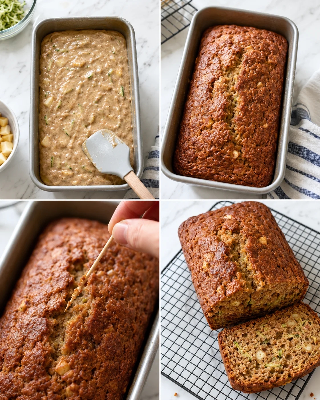 collage of zucchini-apple bread in pans, tester insert, and sliced loaf cooling on rack
