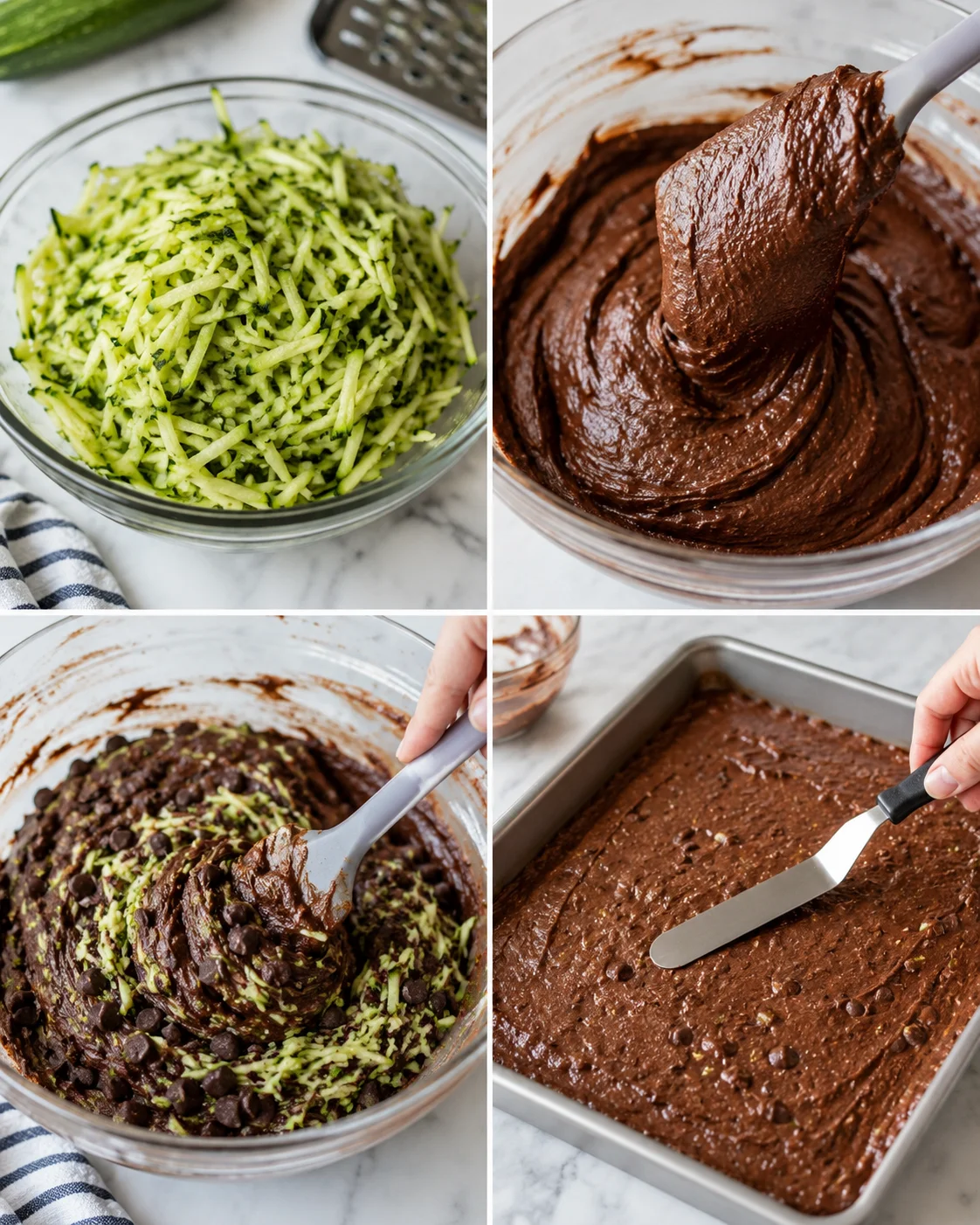 collage of shredded zucchini, glossy chocolate batter, chocolate chips, and batter in a pan