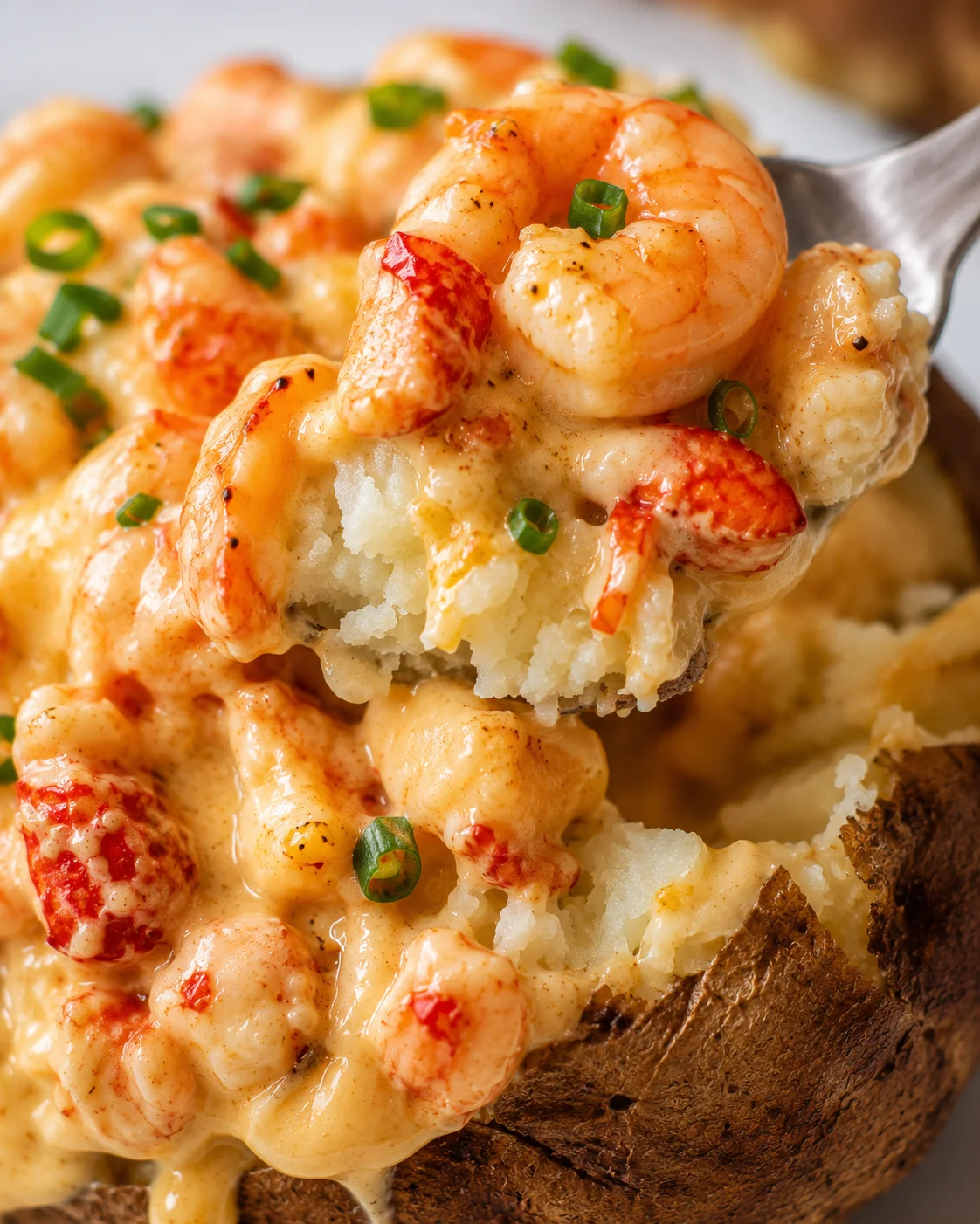 Close-up of a seafood stuffed potato with shrimp, crawfish, and cheese on top.