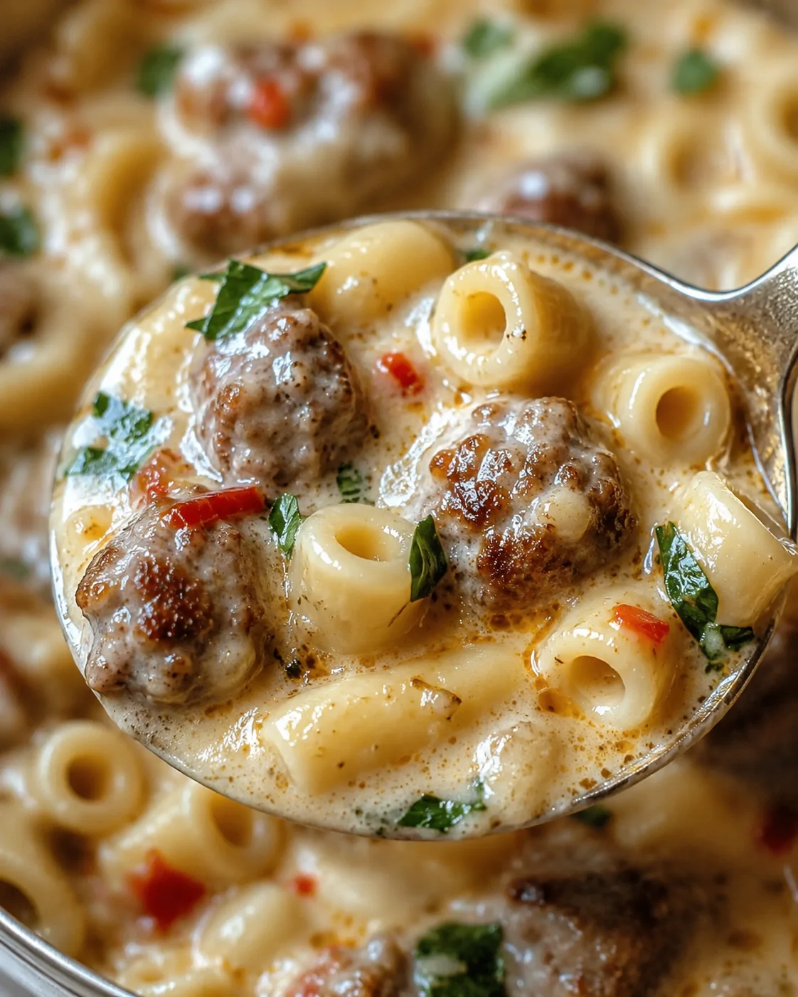 Close-up of a hearty bowl of creamy sausage and pasta soup topped with parsley.