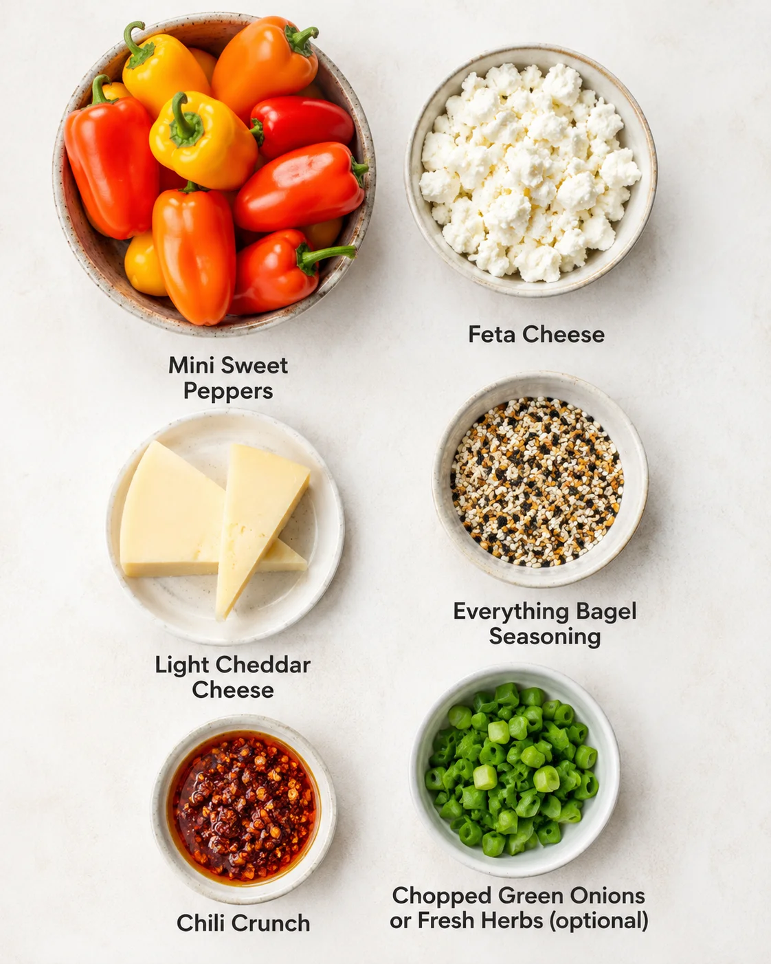 Colorful mini sweet peppers filled with cheese and seasoned with everything bagel
