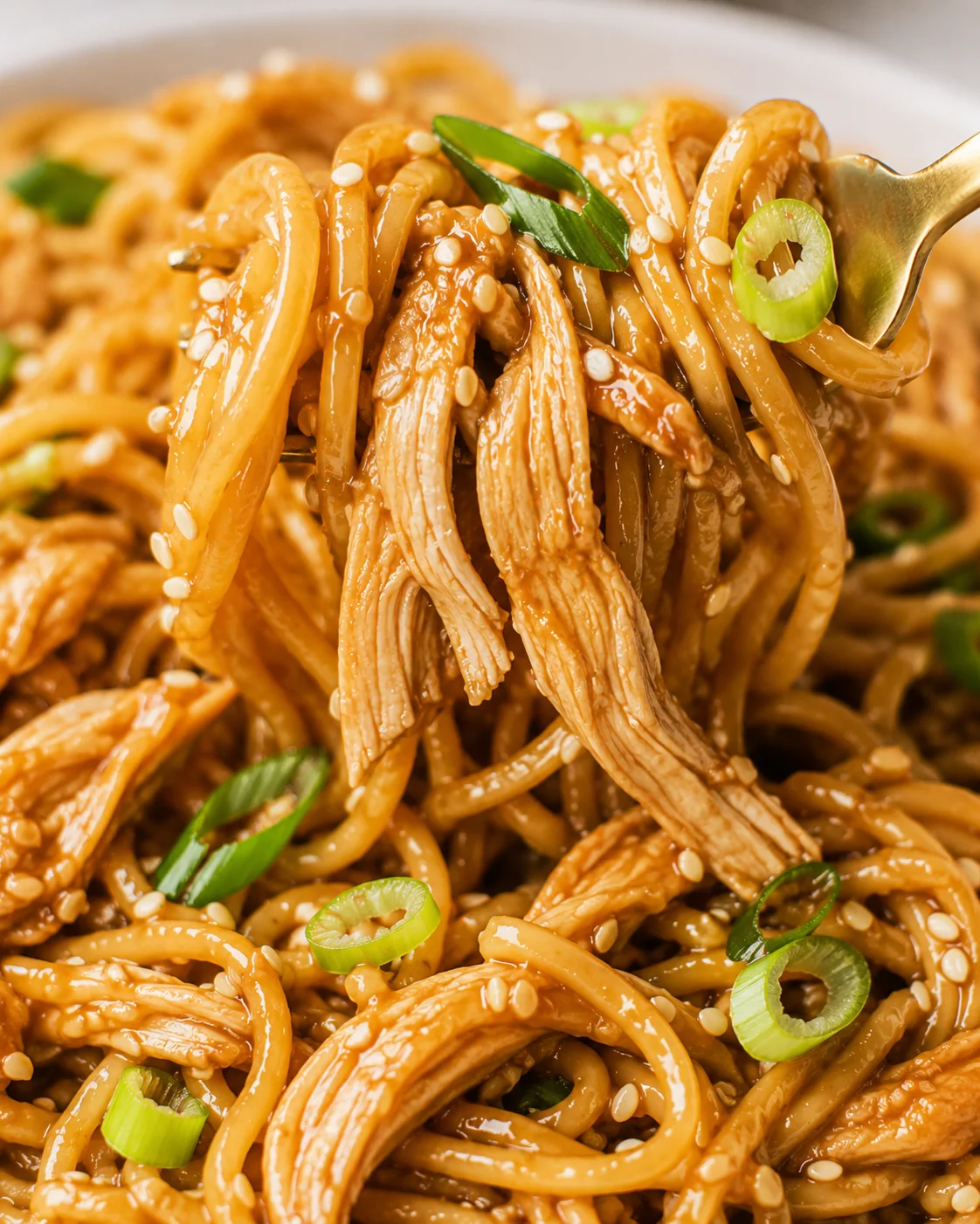 Close-up of tender chicken and noodles in a rich honey garlic sauce garnished with green onions