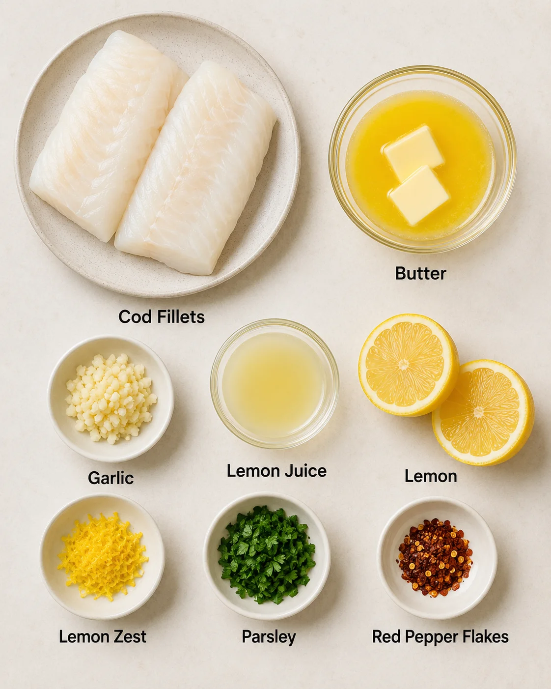 Fresh cod fillets with lemon, garlic, and butter ingredients for cooking.