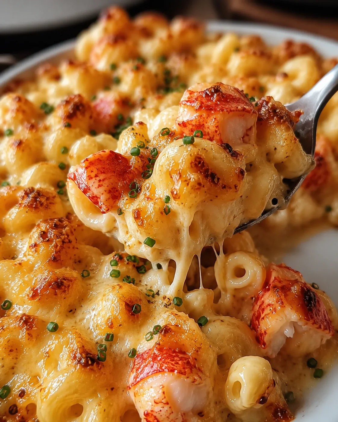 Rich lobster mac and cheese topped with melted cheese and chives served in a dish
