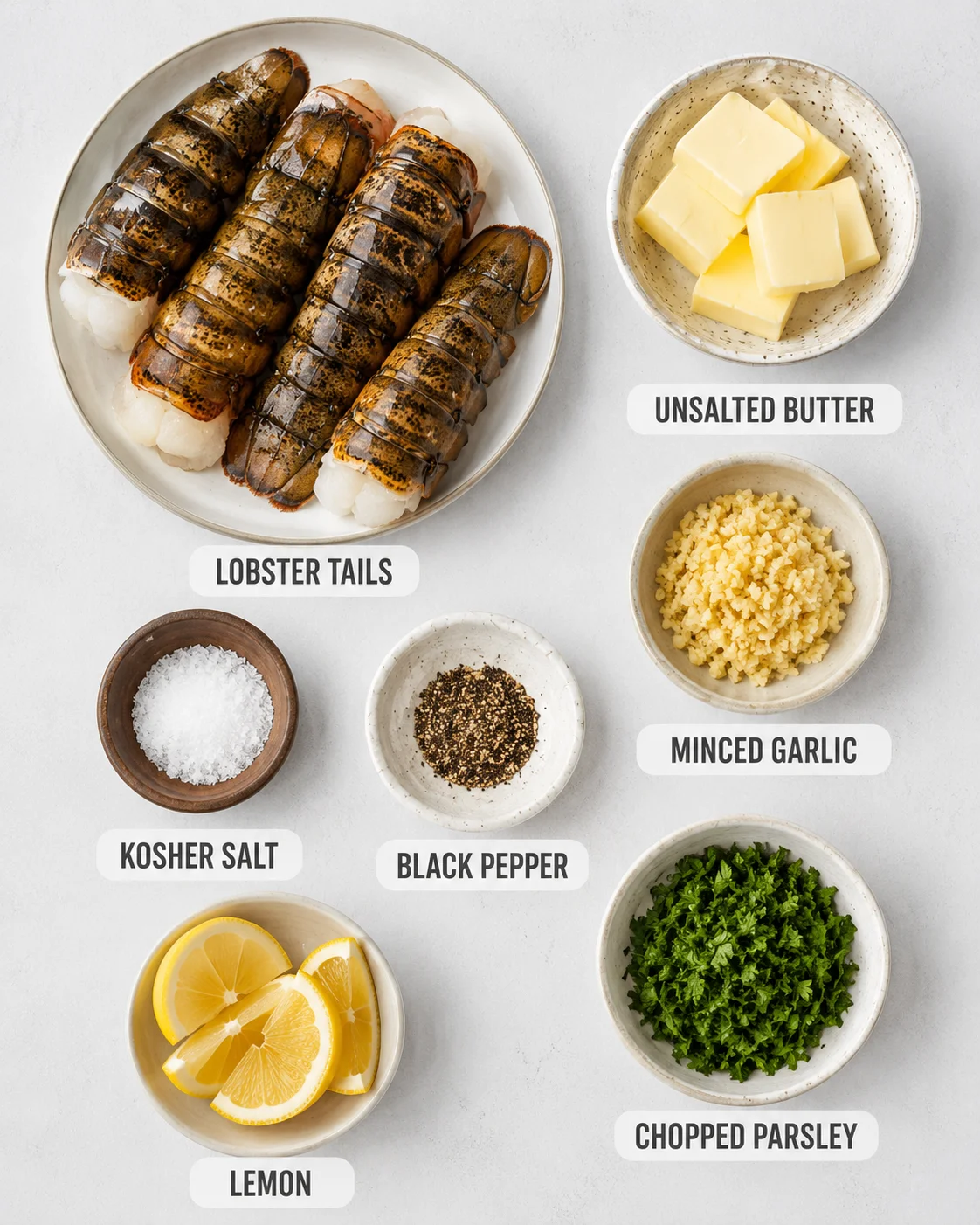Fresh lobster tails with butter, garlic, parsley, and lemon slices for cooking