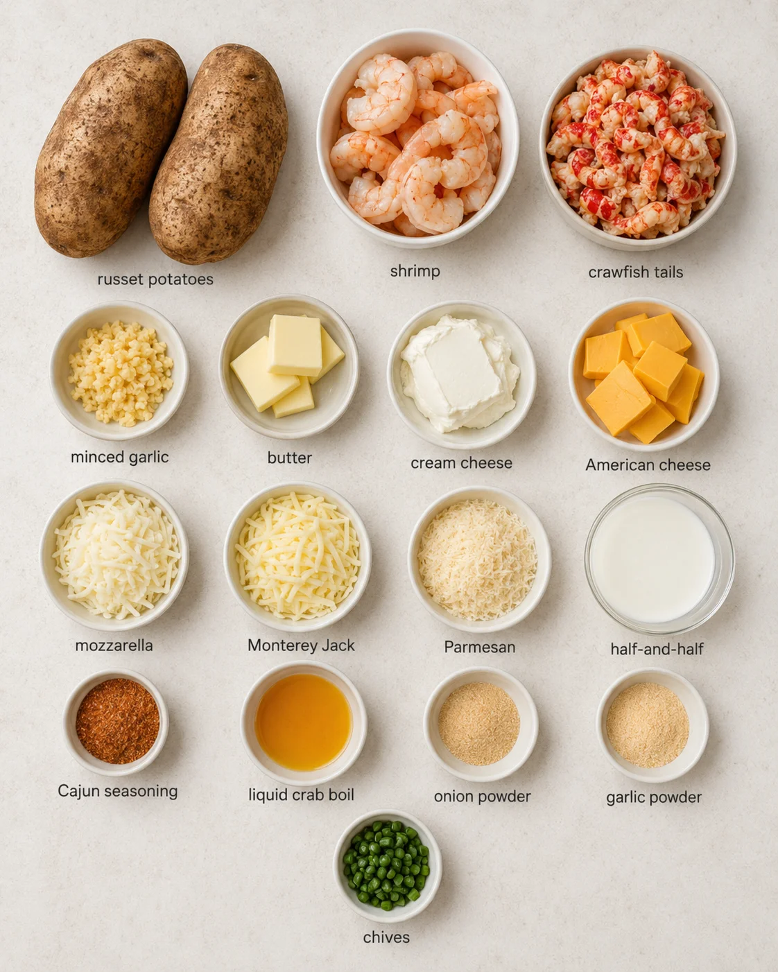Ingredients for seafood stuffed potatoes, including shrimp, crawfish, cheeses, and potatoes.