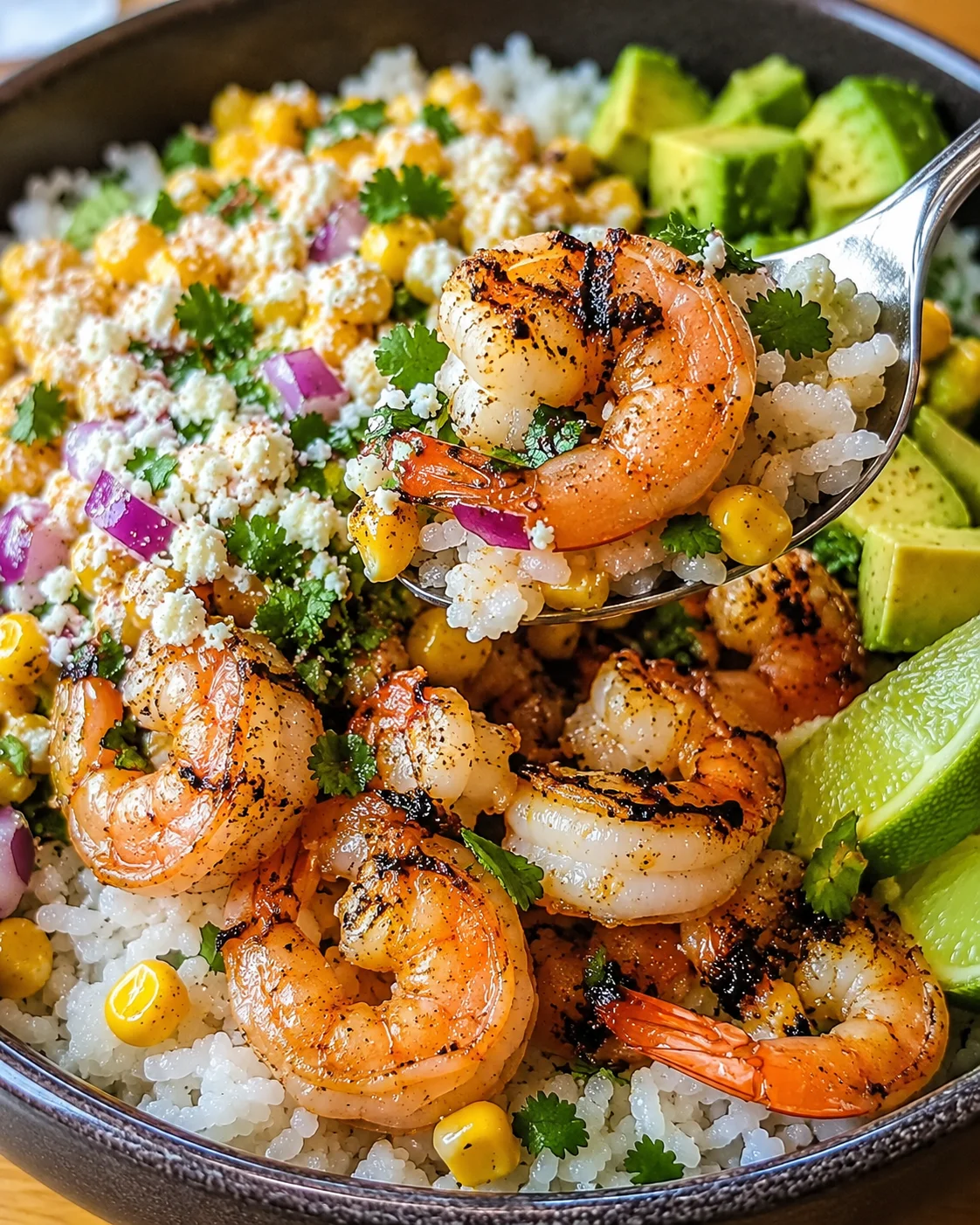 Colorful shrimp and corn bowl garnished with lime and cilantro.