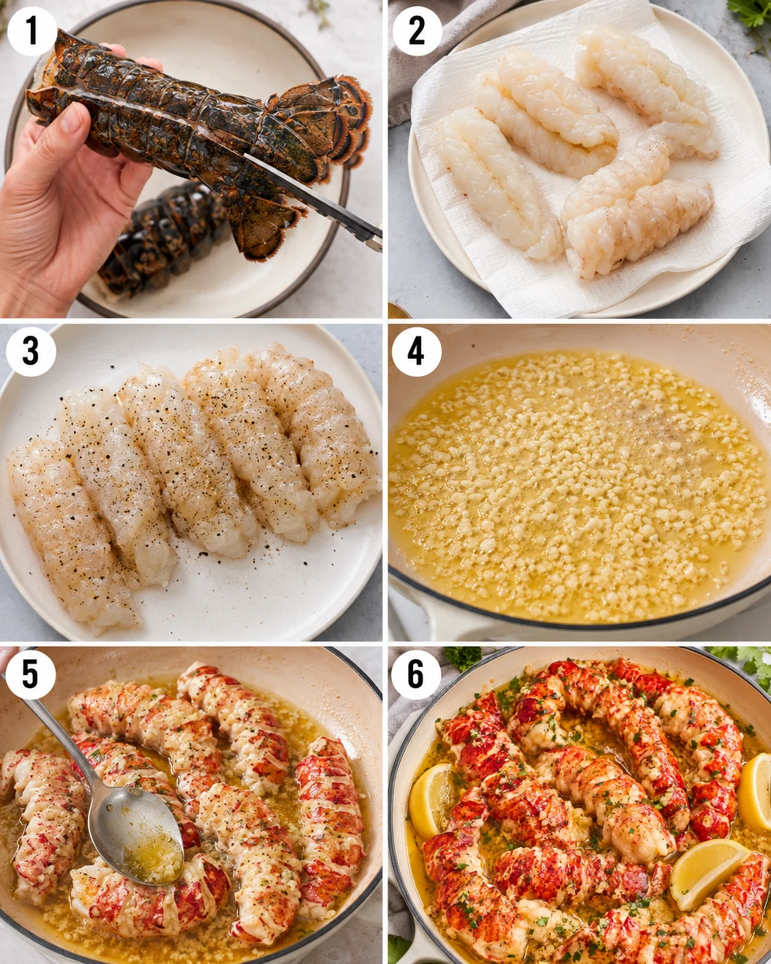 Step-by-step process of preparing lobster tails for cooking.