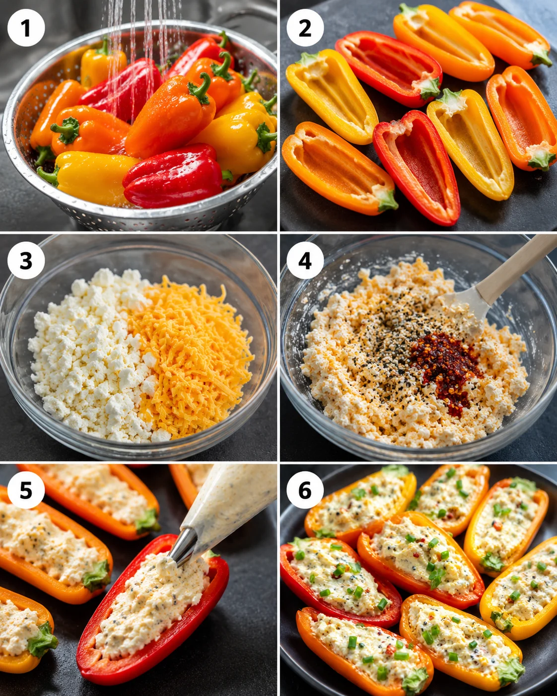 Colorful mini peppers filled with cheesy mixture and seasoned, ready for serving.