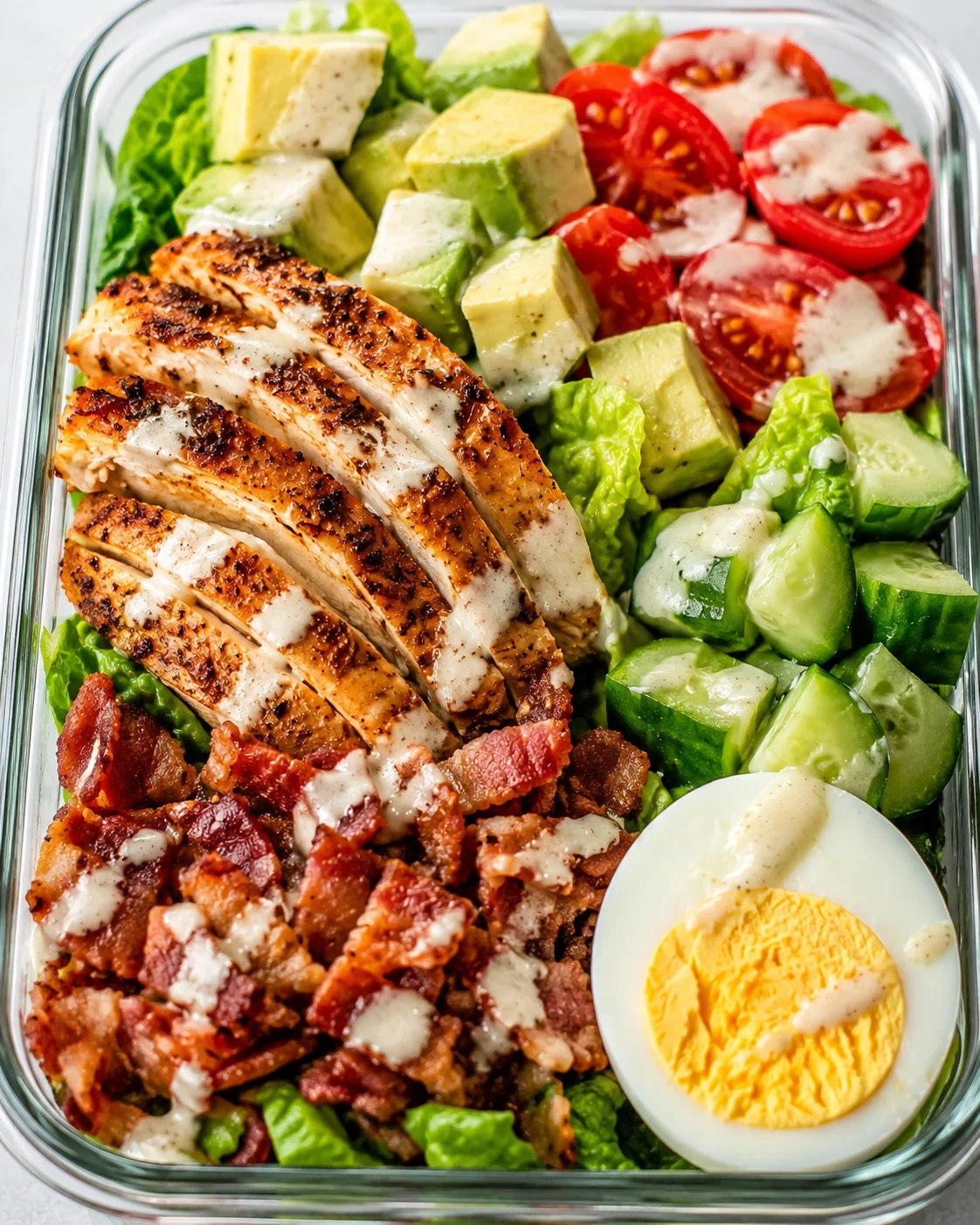 Colorful chicken cobb salad with tomatoes, avocado, boiled egg, and bacon in a glass container