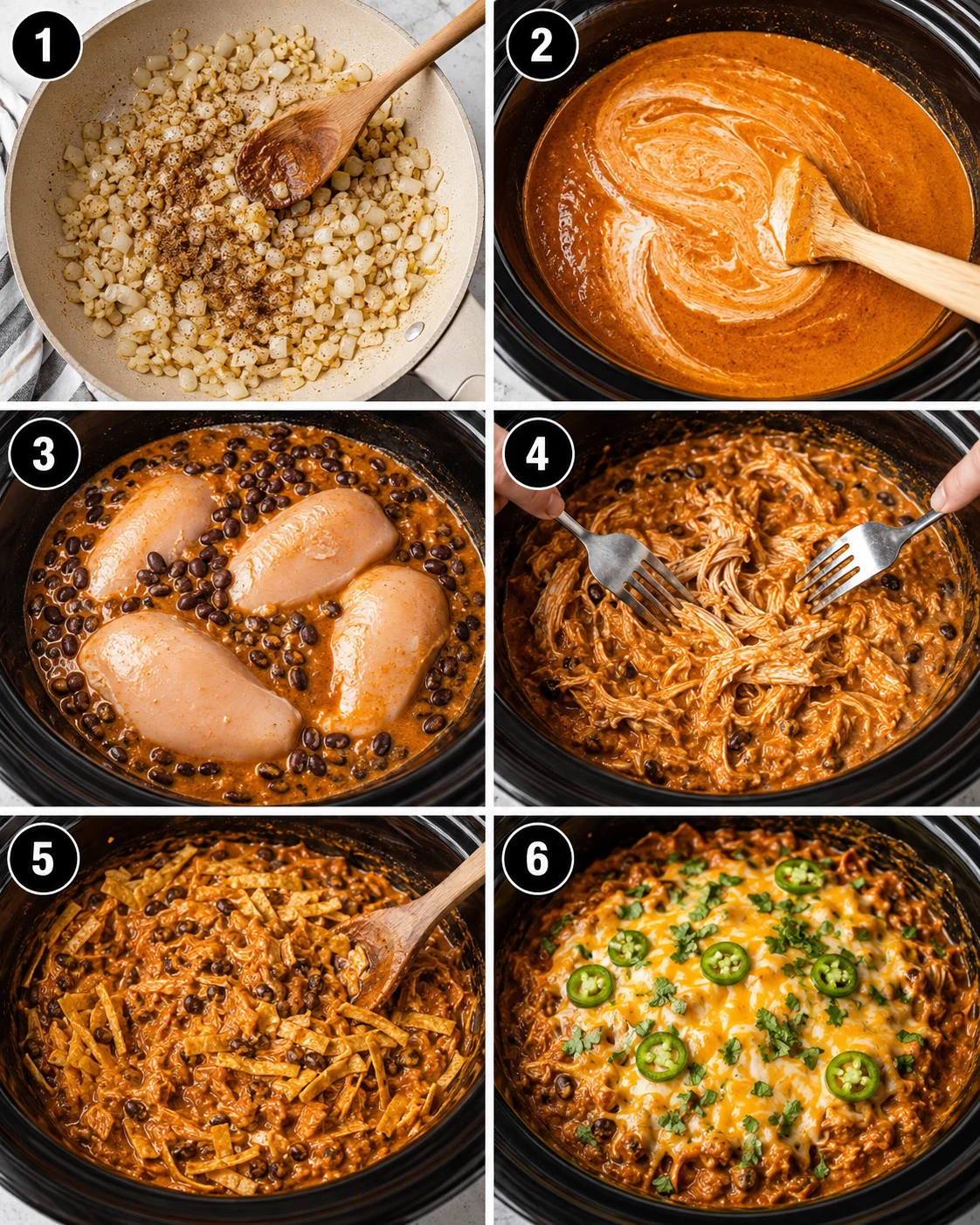 Step-by-step photo collage of making slow cooker chicken enchiladas with sauce and cheese.