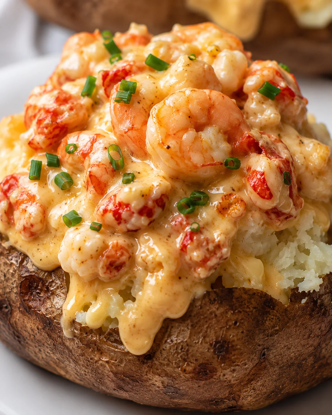 Close-up of a loaded seafood stuffed potato with shrimp and cheese topping.