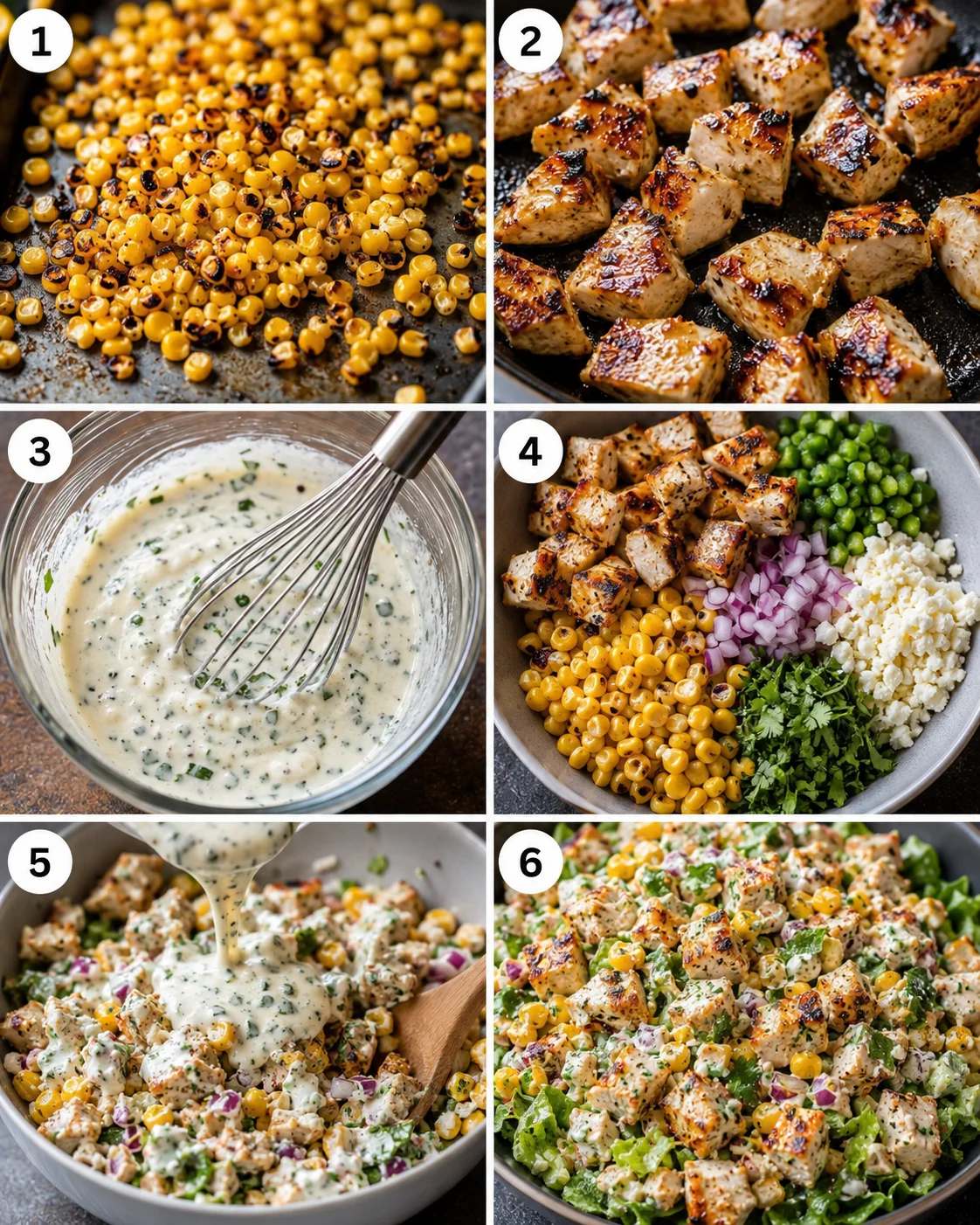Colorful chicken and corn salad with fresh ingredients and grilled chicken pieces