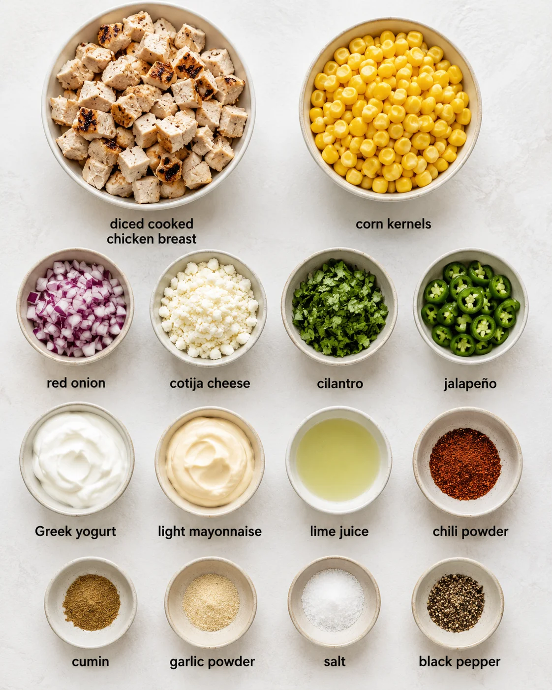 Colorful bowls of cooked chicken, corn, and fresh ingredients for salad