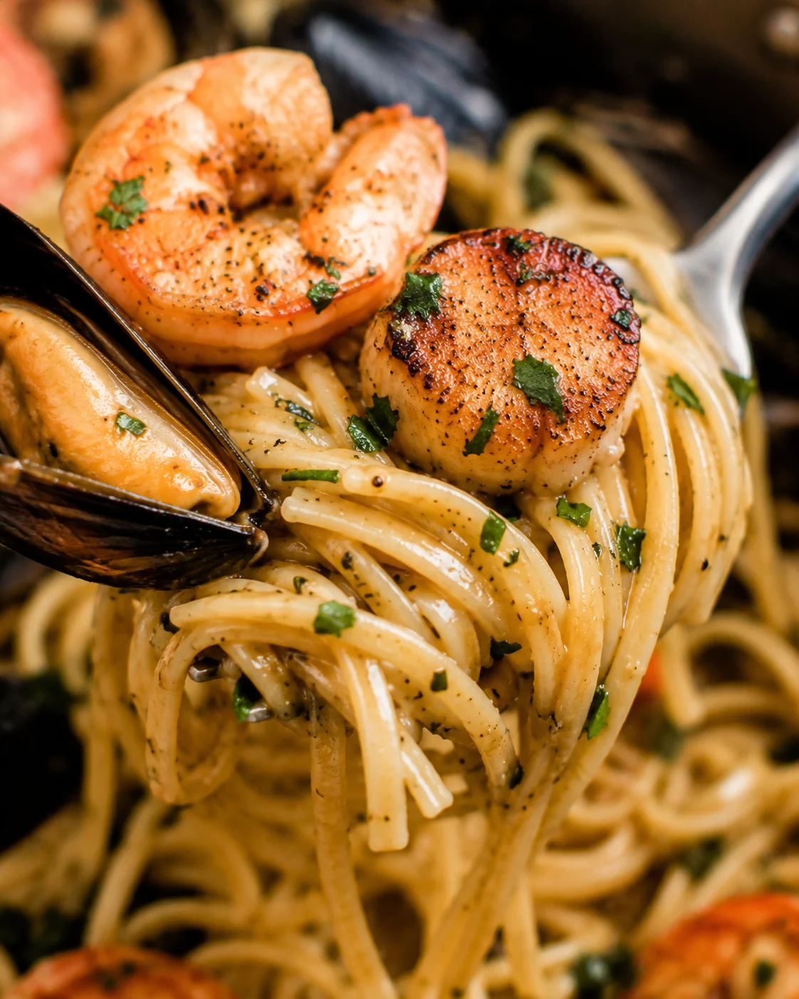 Close-up of perfectly cooked scallops and shrimp on pasta with herbs and lemon.