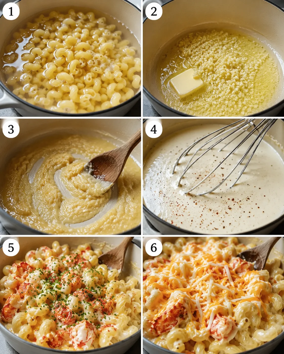 Delicious lobster mac and cheese with cheesy sauce and spiral noodles.