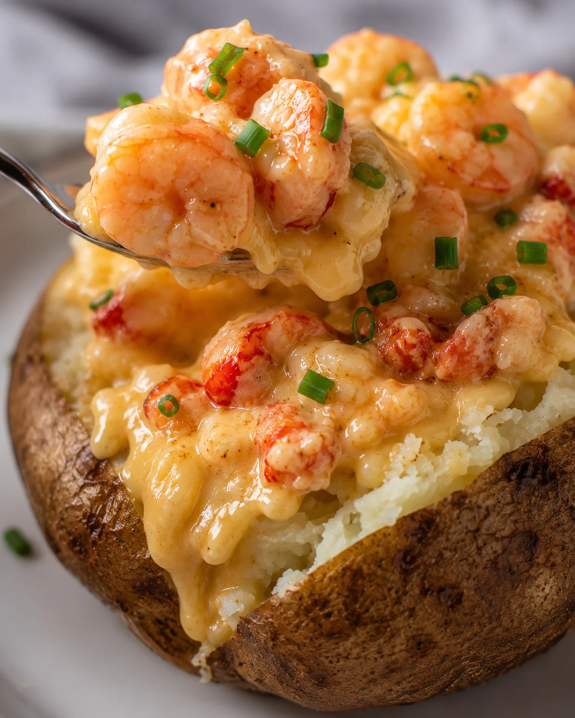 Close-up of loaded seafood stuffed baked potato topped with green onions