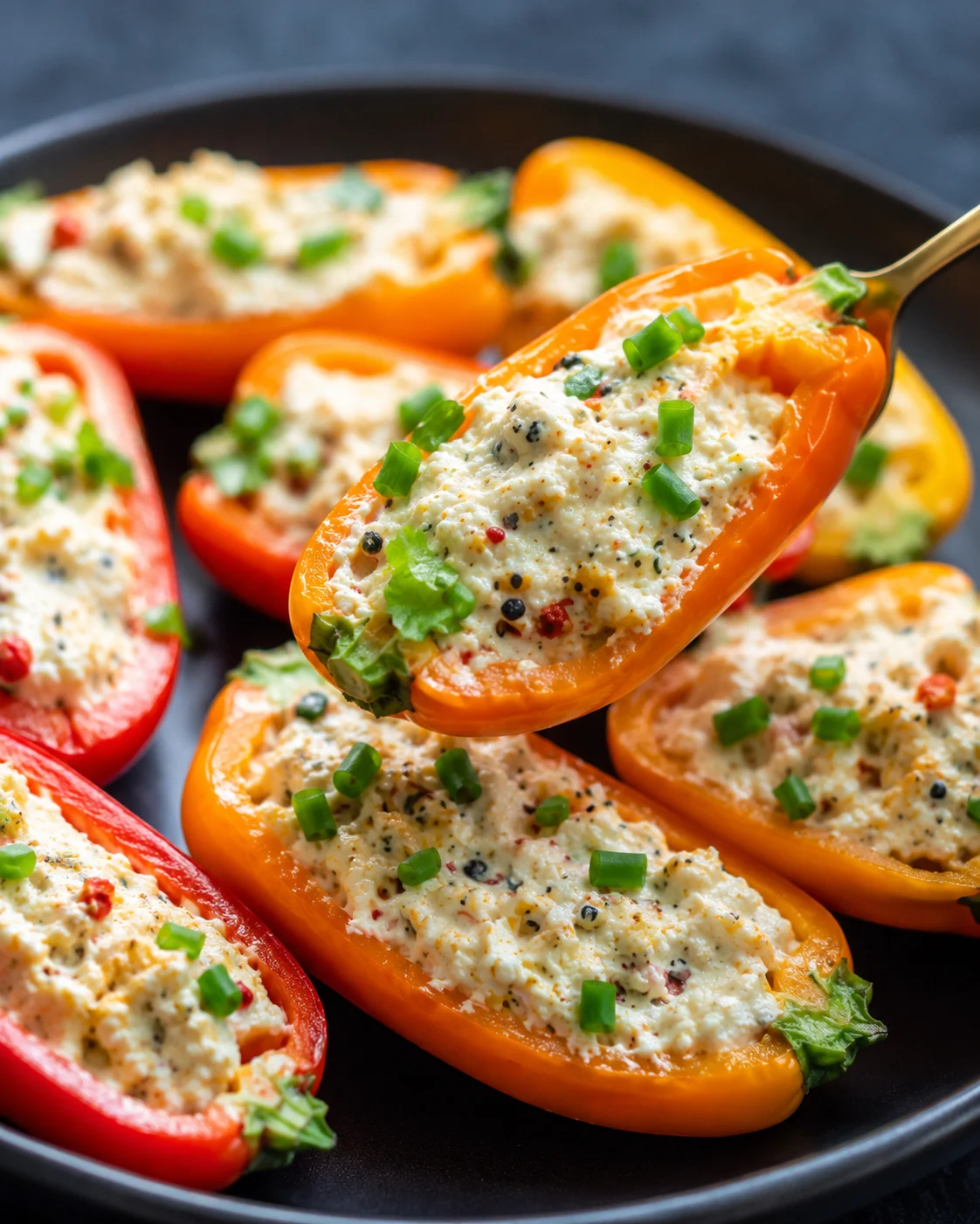 Colorful mini peppers filled with cheesy mixture and garnished with green onions.
