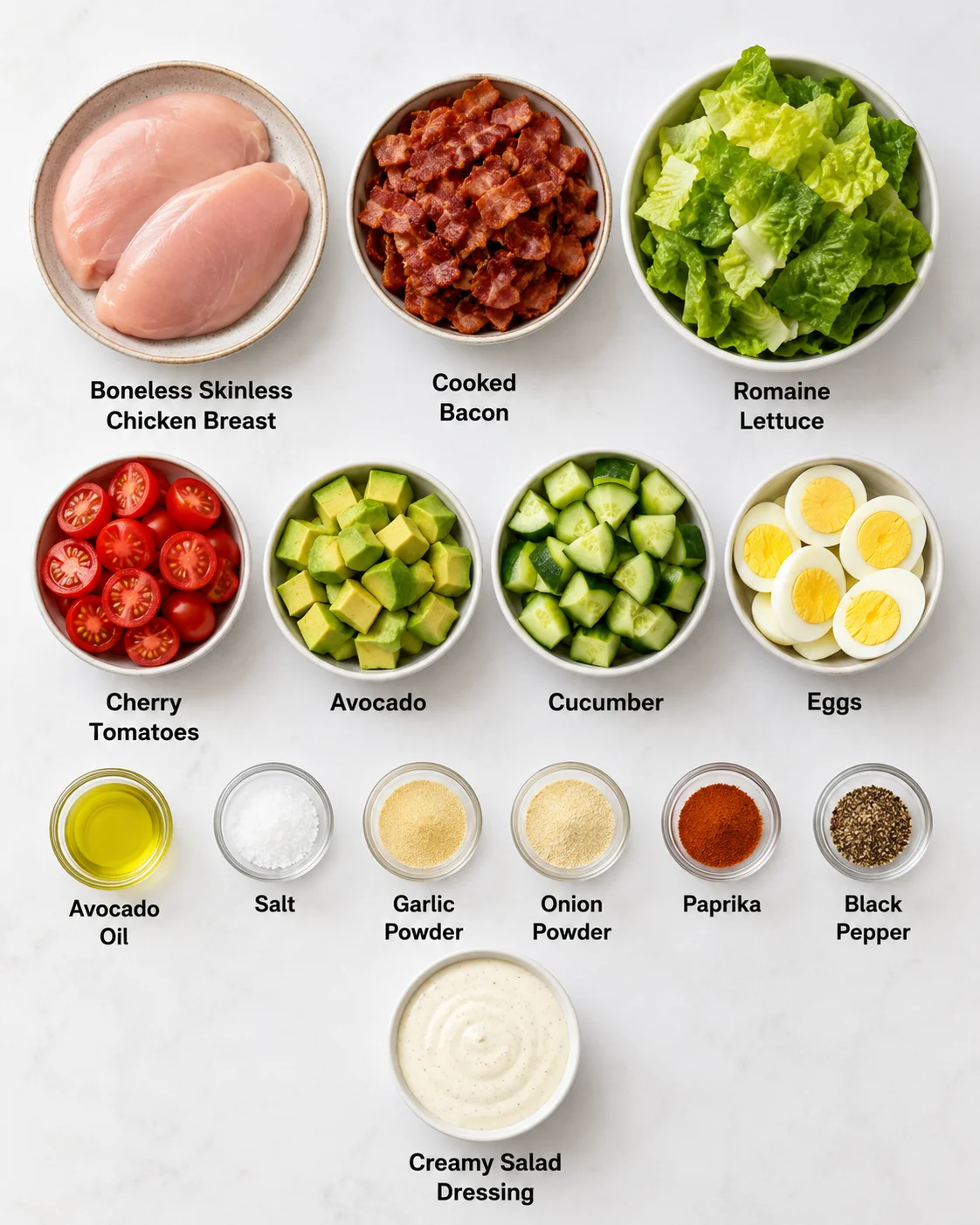 Fresh ingredients for a delicious, healthy Cobb salad meal prep.