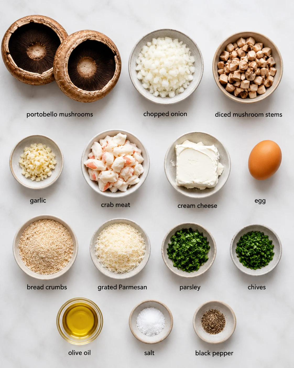 Fresh ingredients including mushrooms, crab meat, cheese, and seasonings ready for cooking.