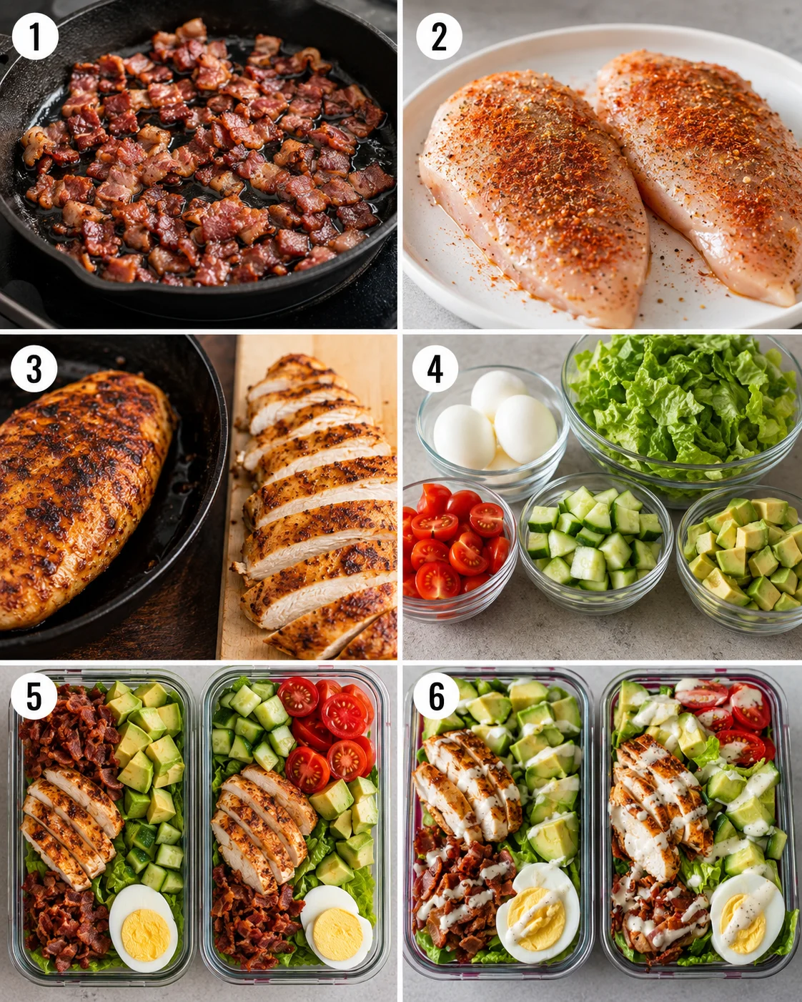 Step-by-step images of cooking bacon, seasoning chicken, and assembling salads.