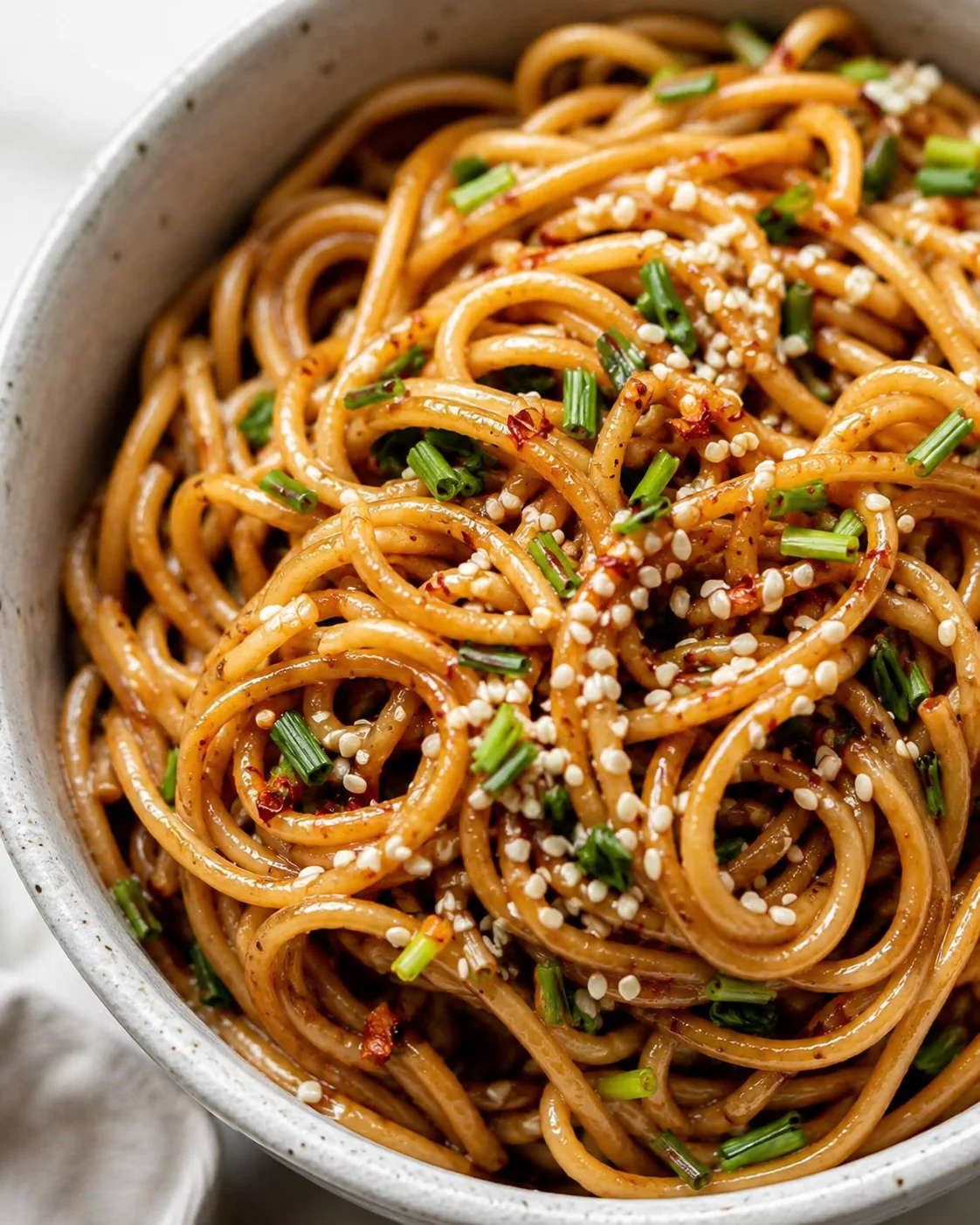 Close-up of flavorful garlic sesame noodles garnished with chives and sesame seeds.