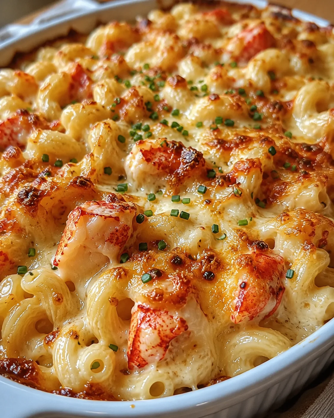 Delicious lobster mac and cheese with melting cheese and tender lobster pieces