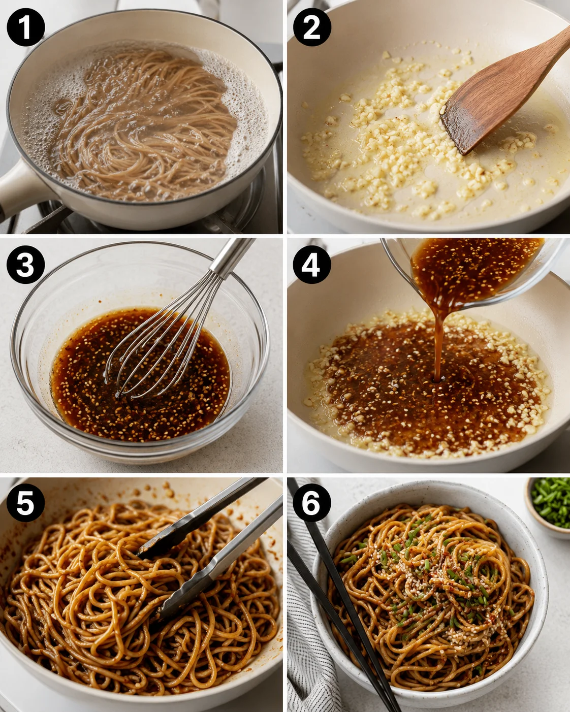 Step-by-step photos of making garlic sesame noodles with ingredients and finished dish.