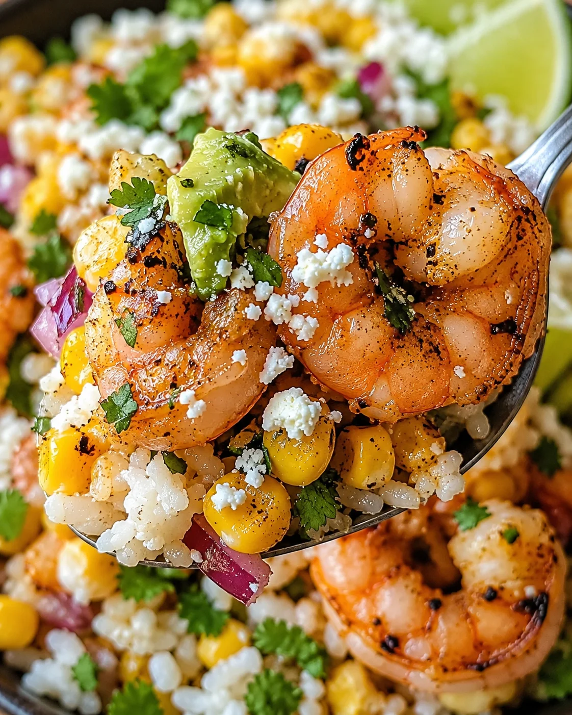 Colorful bowl of shrimp, corn, and fresh herbs with lime wedge