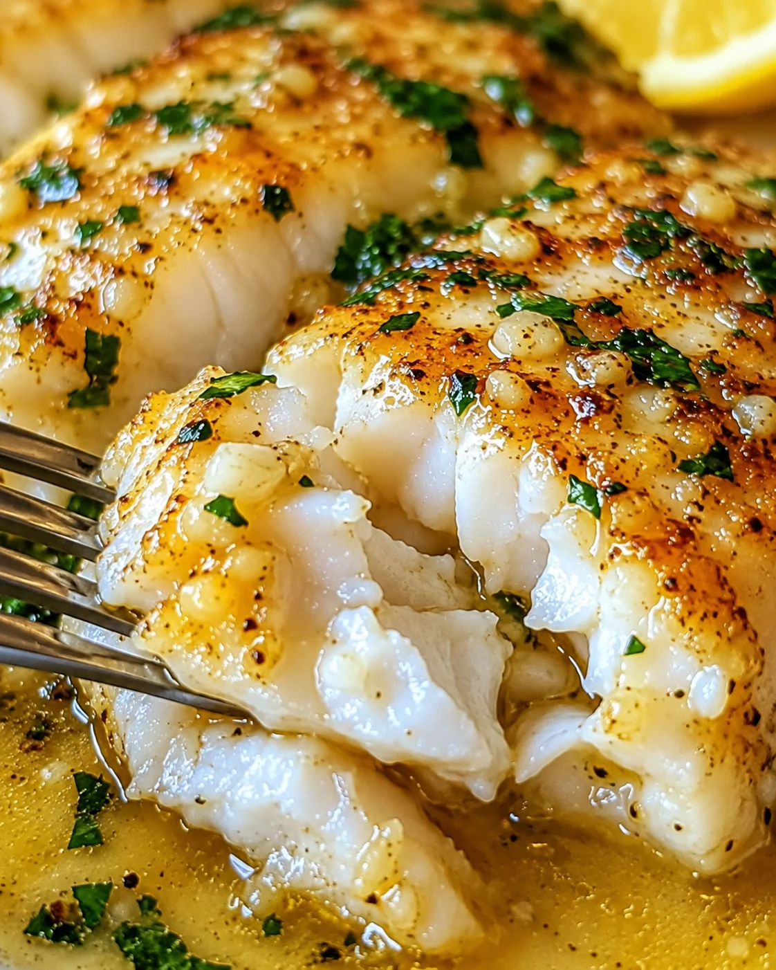 Delicious baked cod topped with garlic, lemon, and fresh herbs in buttery sauce.