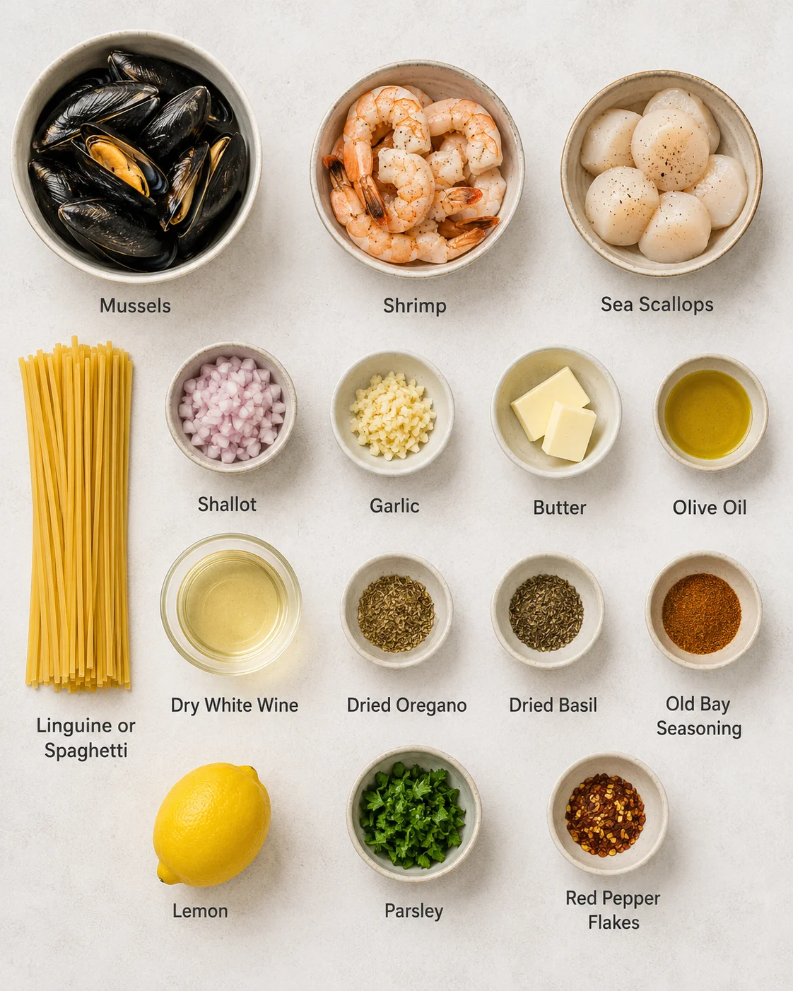 Assorted seafood ingredients including mussels, shrimp, and scallops in bowls.