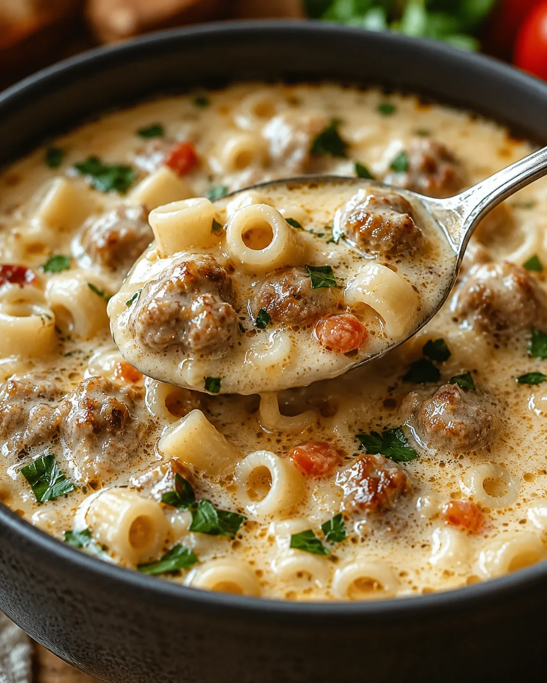 Close-up of creamy Italian sausage ditalini soup in a black bowl garnished with parsley.