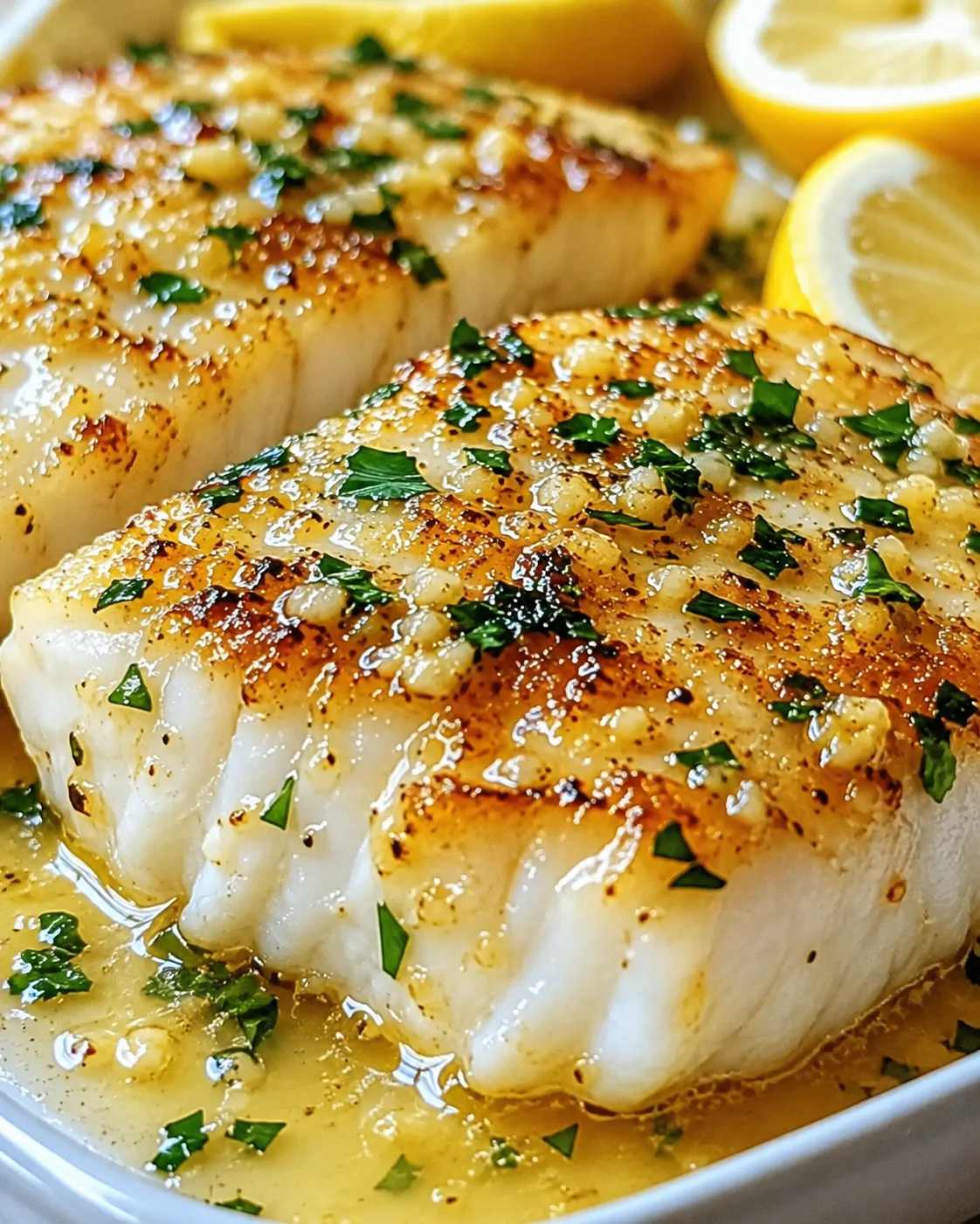 Close-up of golden seared cod fillets topped with garlic and parsley with lemon slices