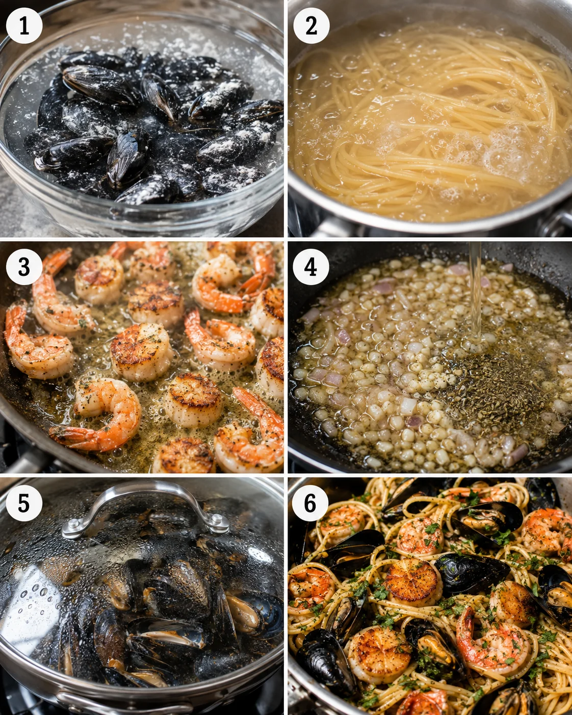 A step-by-step collage showing seafood, pasta boiling, searing shrimp, and finished dish.