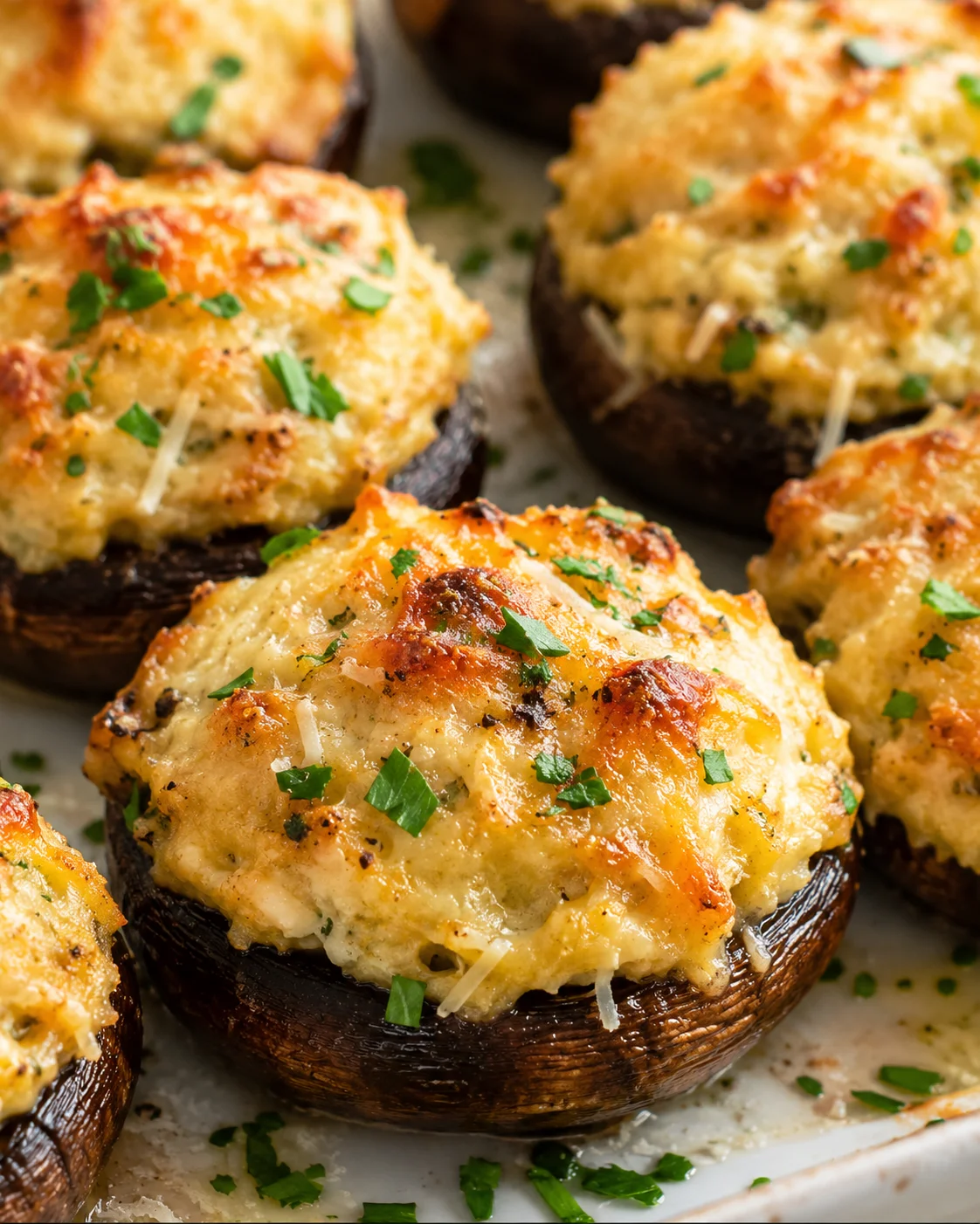 Delicious baked crab stuffed mushrooms topped with cheese and herbs.