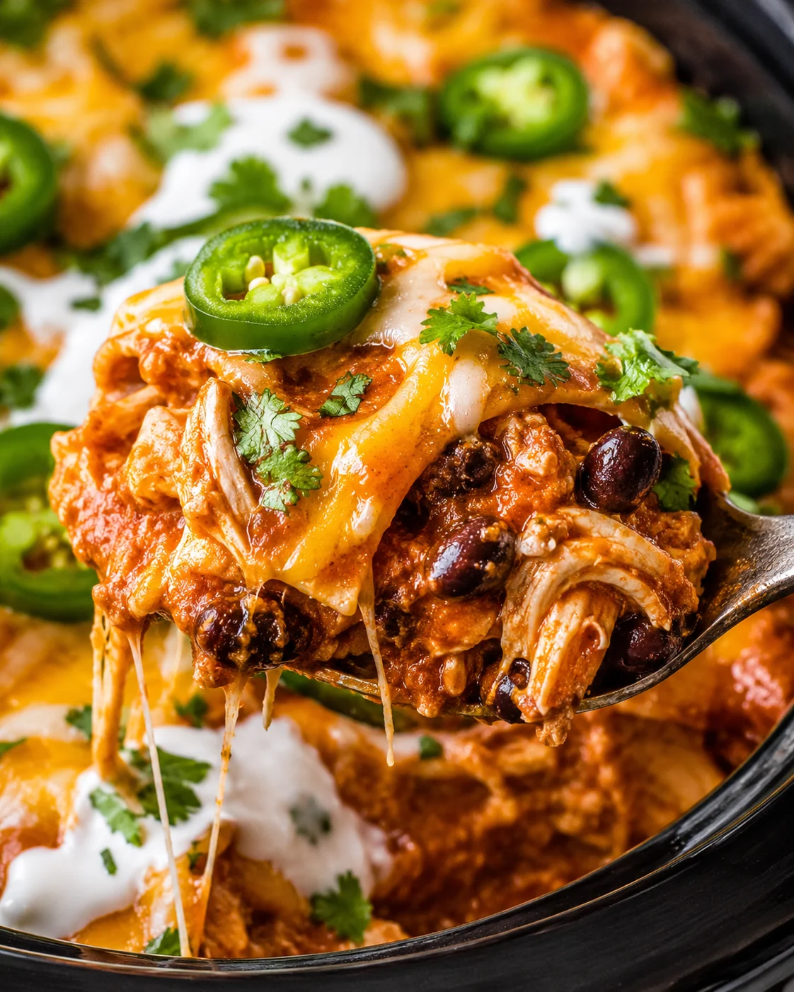 Close-up of cheesy chicken enchiladas topped with jalapenos and cilantro
