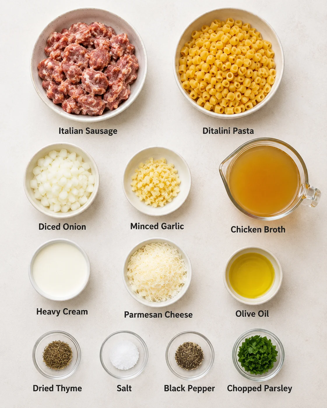A bowl of creamy Italian sausage ditalini soup with pasta, sausage, and cheese.