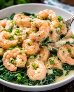Delicious shrimp in a rich, creamy garlic Parmesan sauce garnished with green onions.
