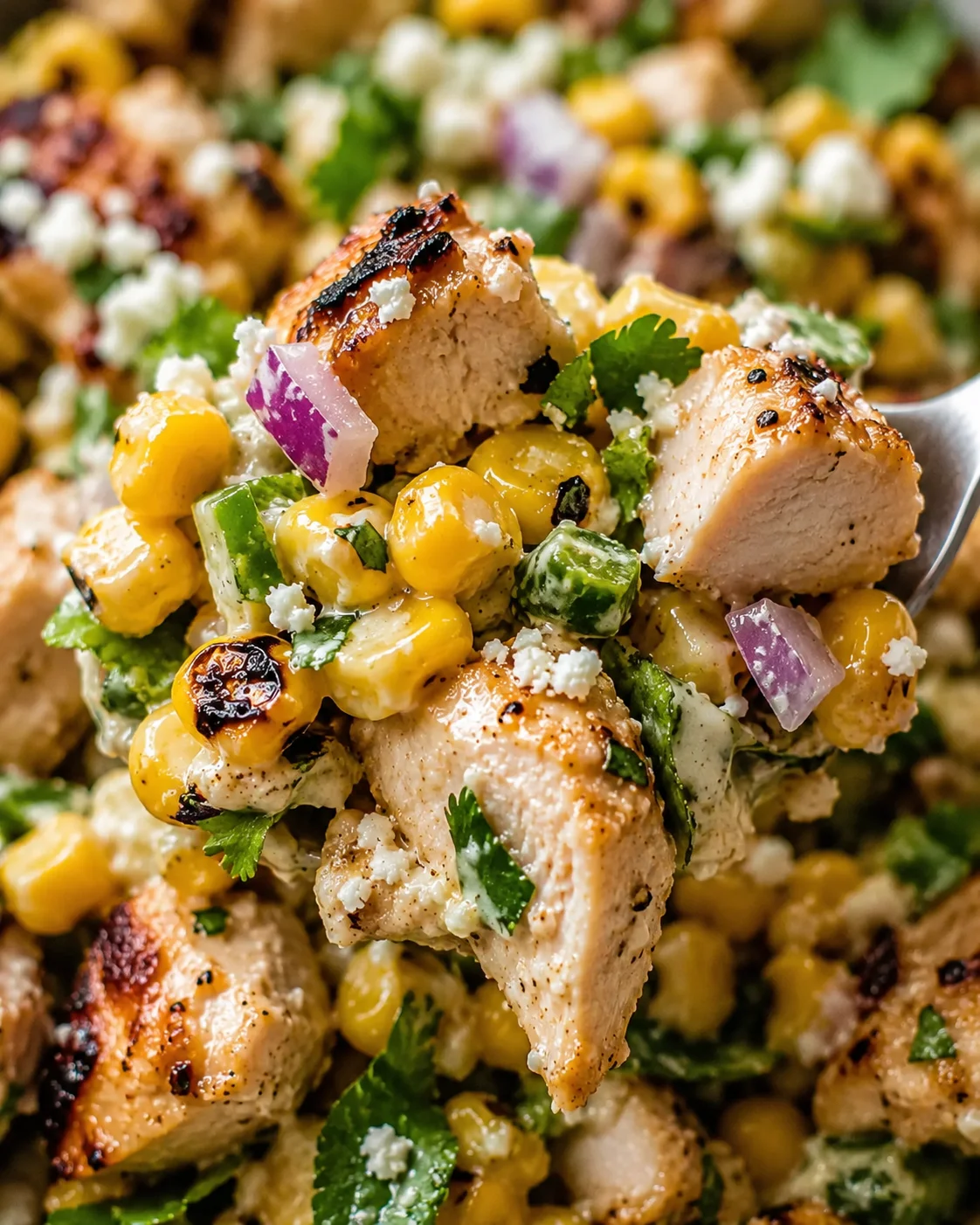 Close-up of a vibrant chicken salad with corn, herbs, and grilled chicken