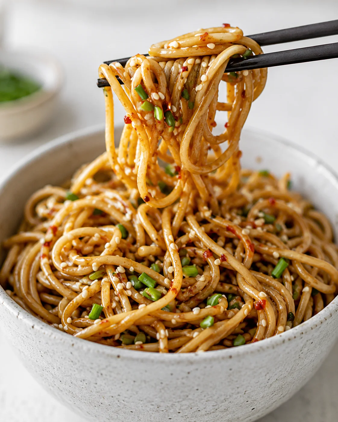 Close-up of flavorful garlic sesame noodles garnished with green onions in a bowl