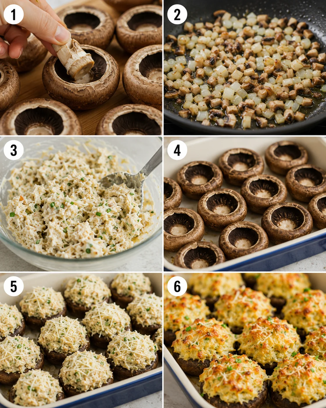 Step-by-step images of preparing crab stuffed mushrooms, from cooking to baking.