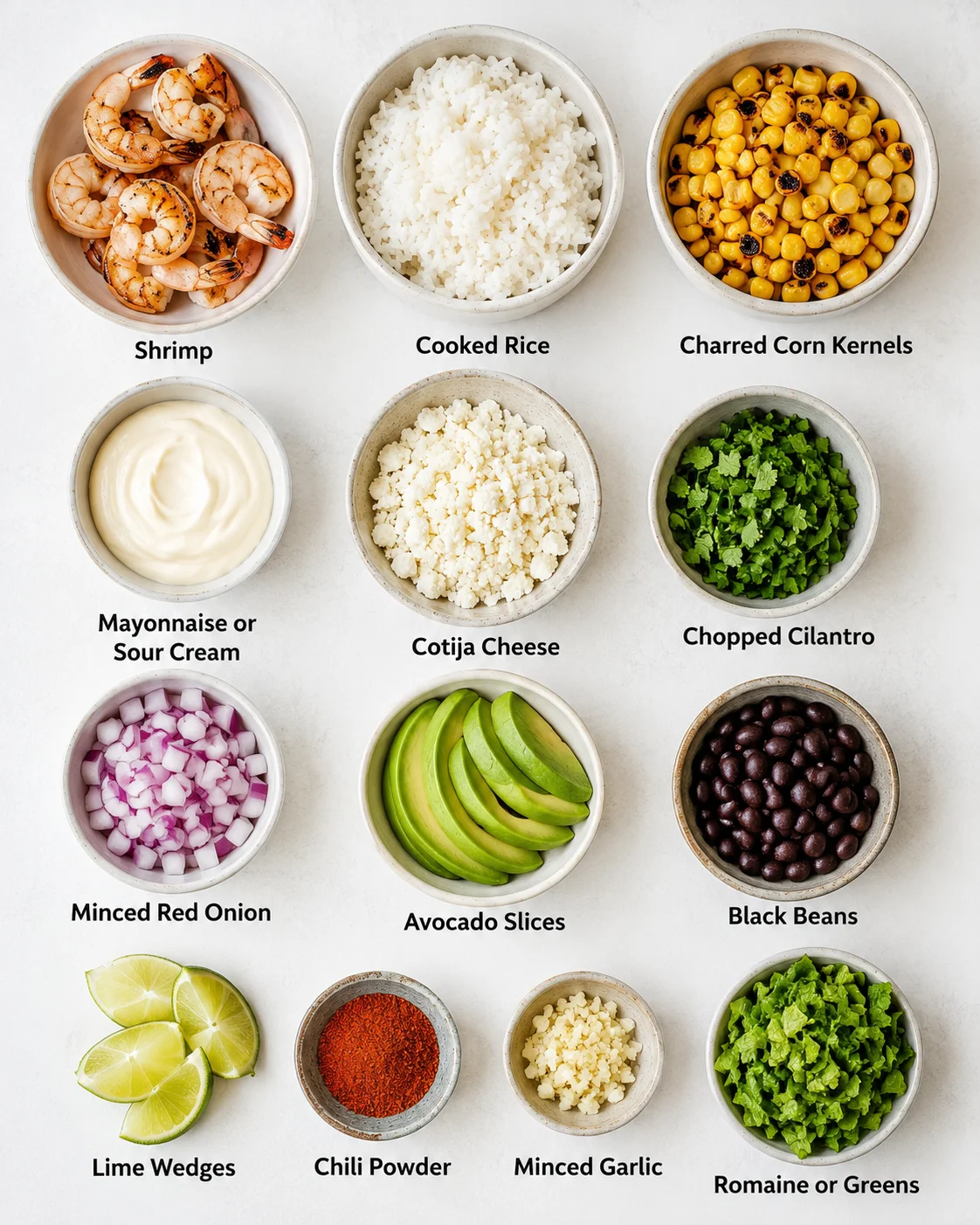 Colorful bowls with shrimp, rice, corn, avocado, and fresh cilantro, ready to serve.