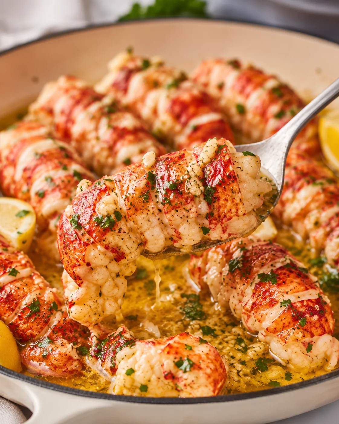 Succulent lobster tails cooked in flavorful garlic butter sauce in a skillet