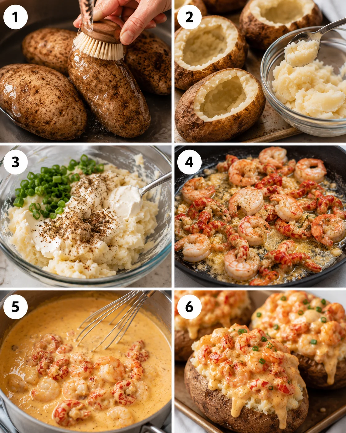 Step-by-step image collage of preparing seafood stuffed potatoes with shrimp and crawfish.