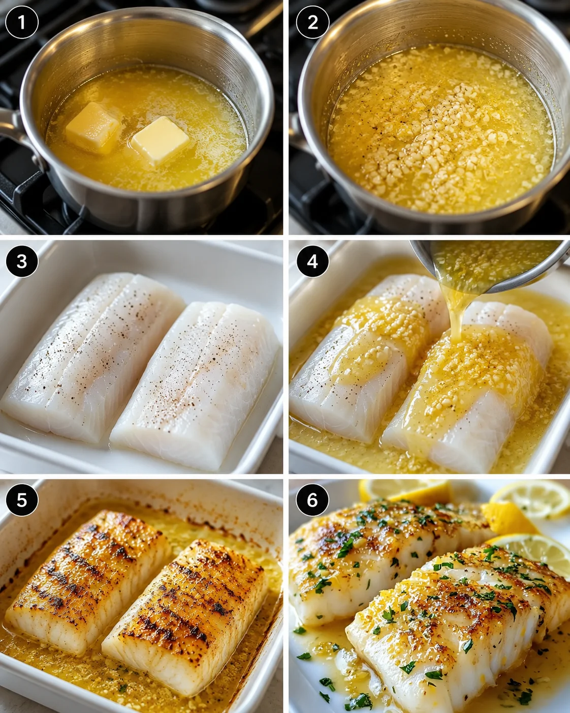 Step-by-step images of cooking lemon garlic butter cod dish.